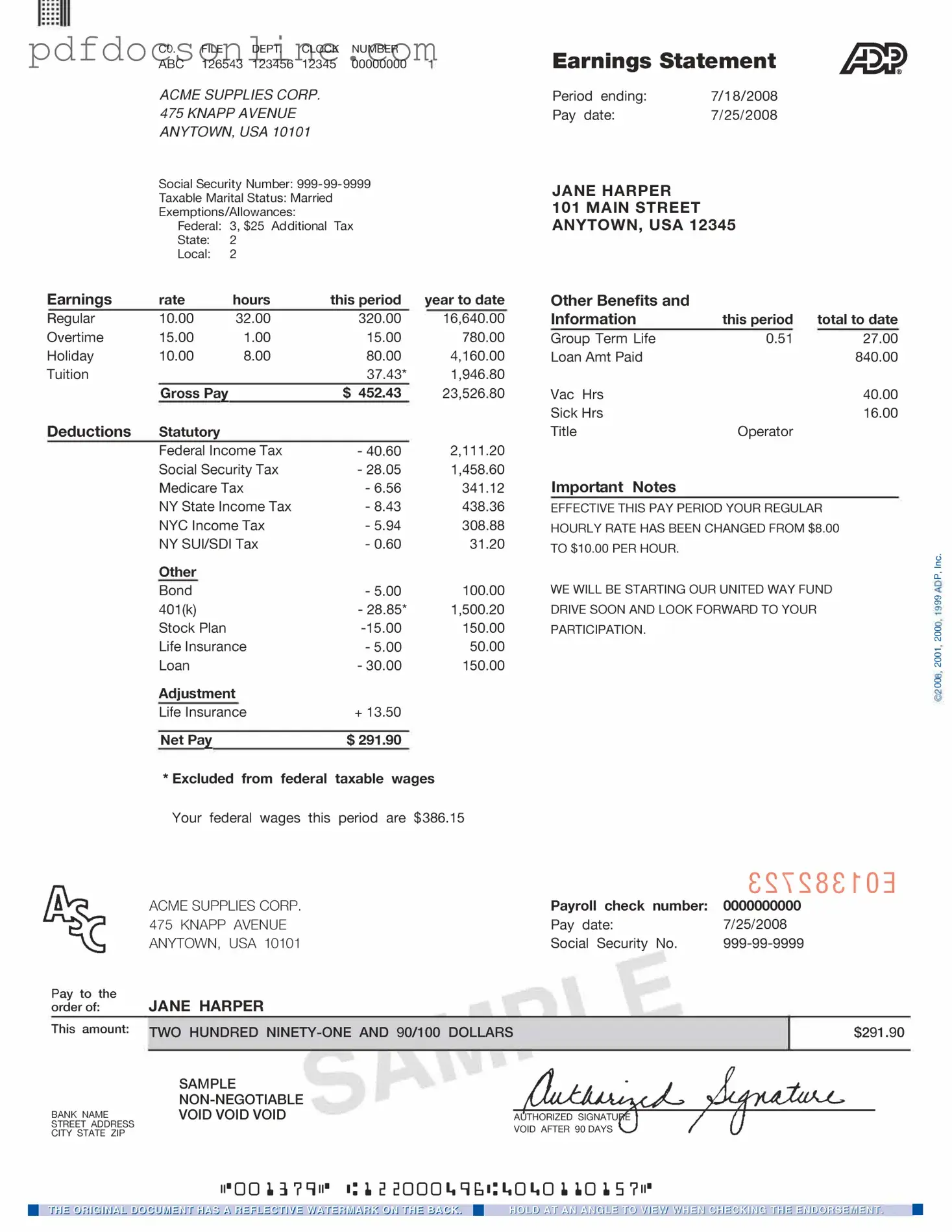 Fillable Adp Pay Stub Form