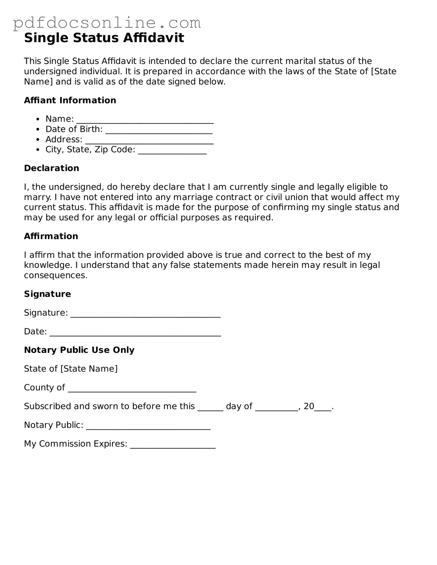 Free Single Status Affidavit Template
