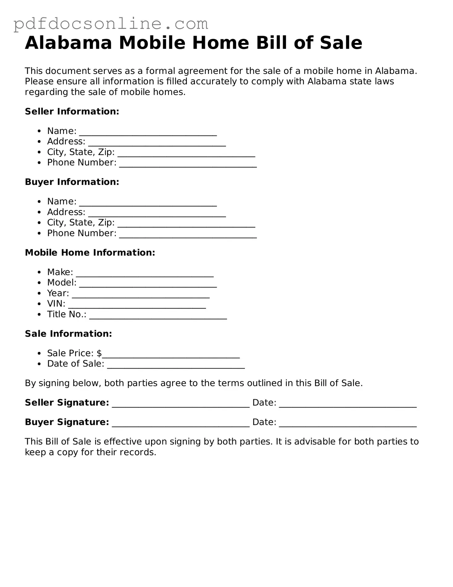 Attorney-Verified  Mobile Home Bill of Sale Form for Alabama