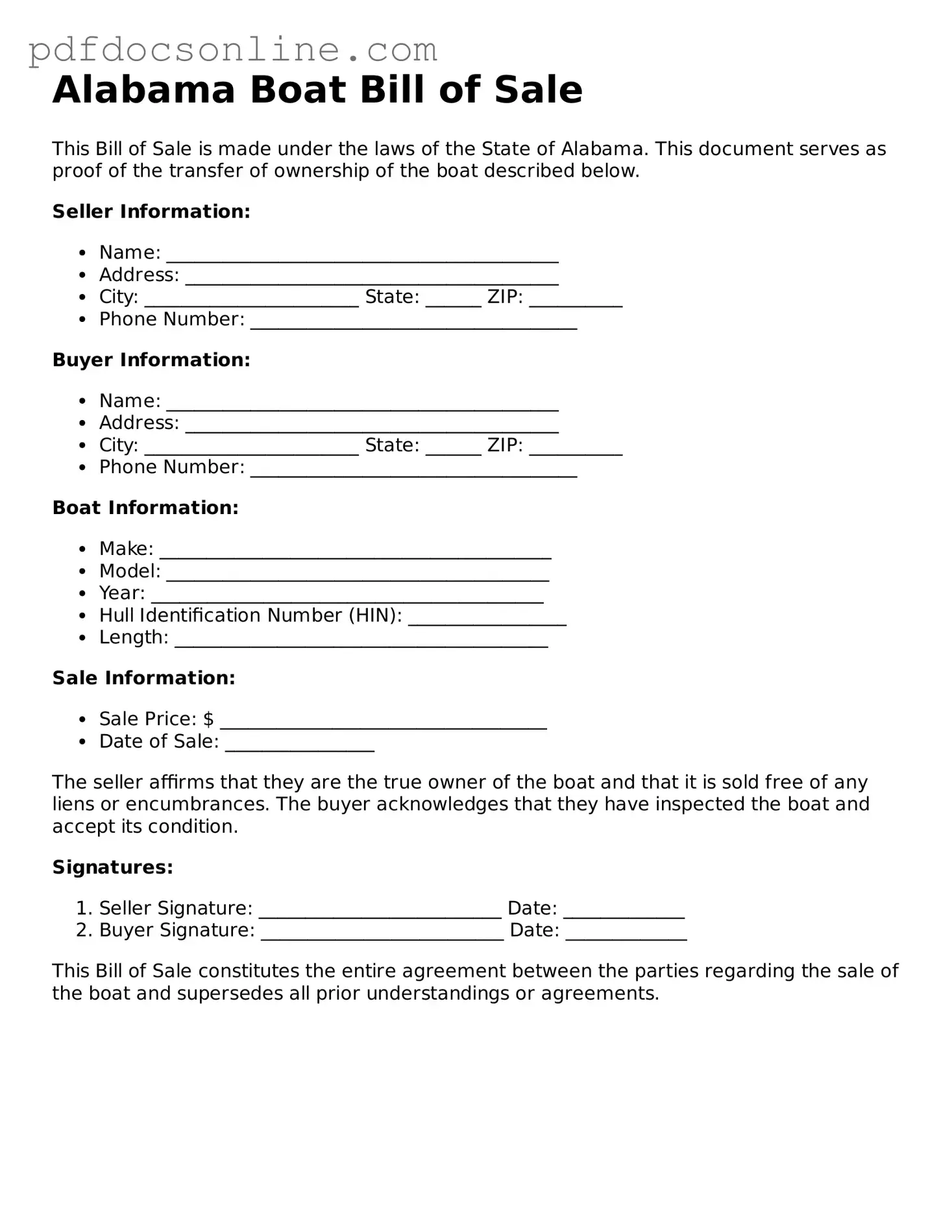 Attorney-Verified  Boat Bill of Sale Form for Alabama
