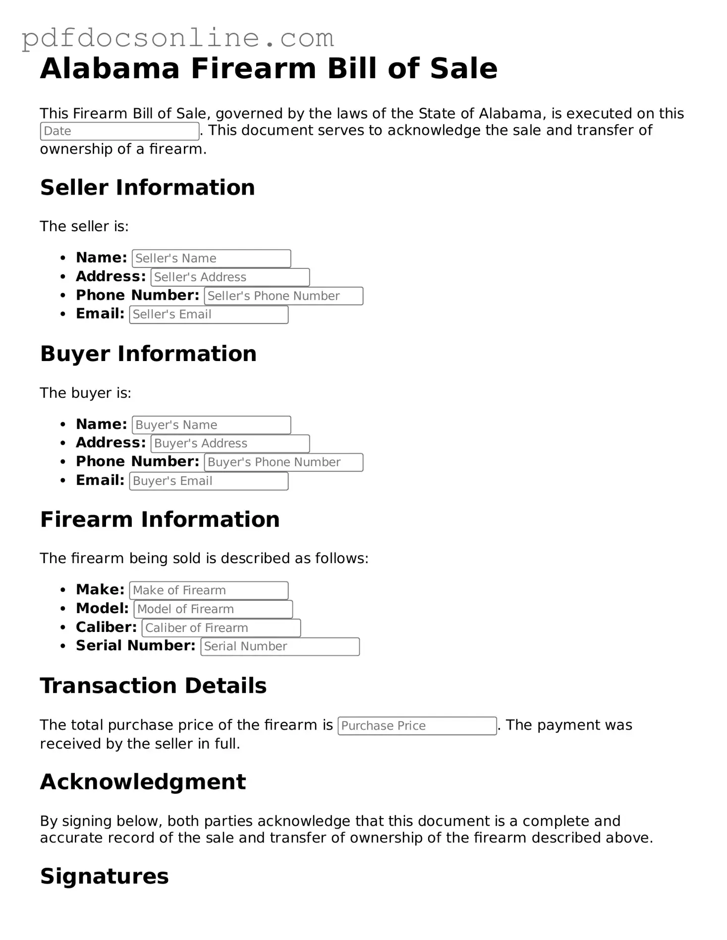 Attorney-Verified  Firearm Bill of Sale Form for Alabama