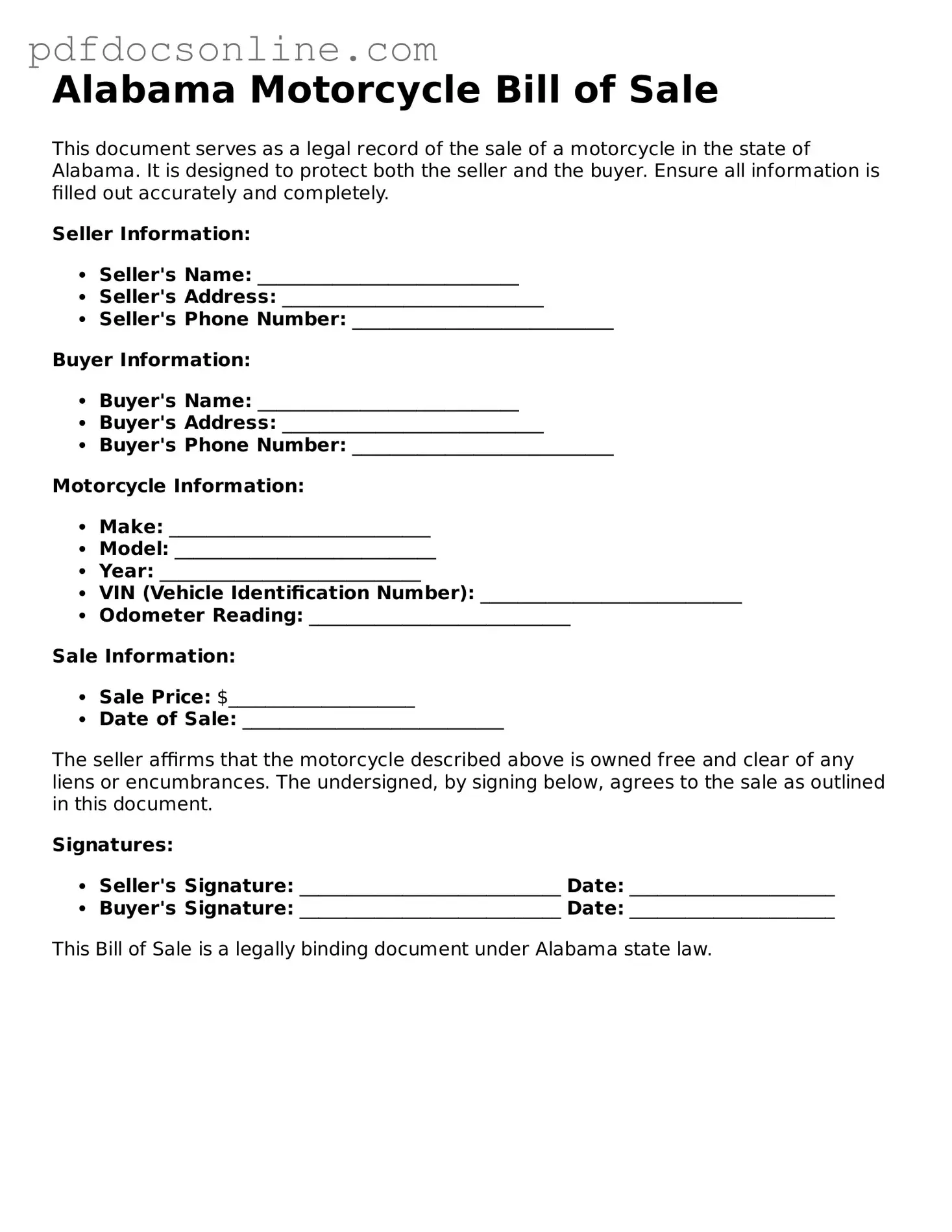 Attorney-Verified  Motorcycle Bill of Sale Form for Alabama