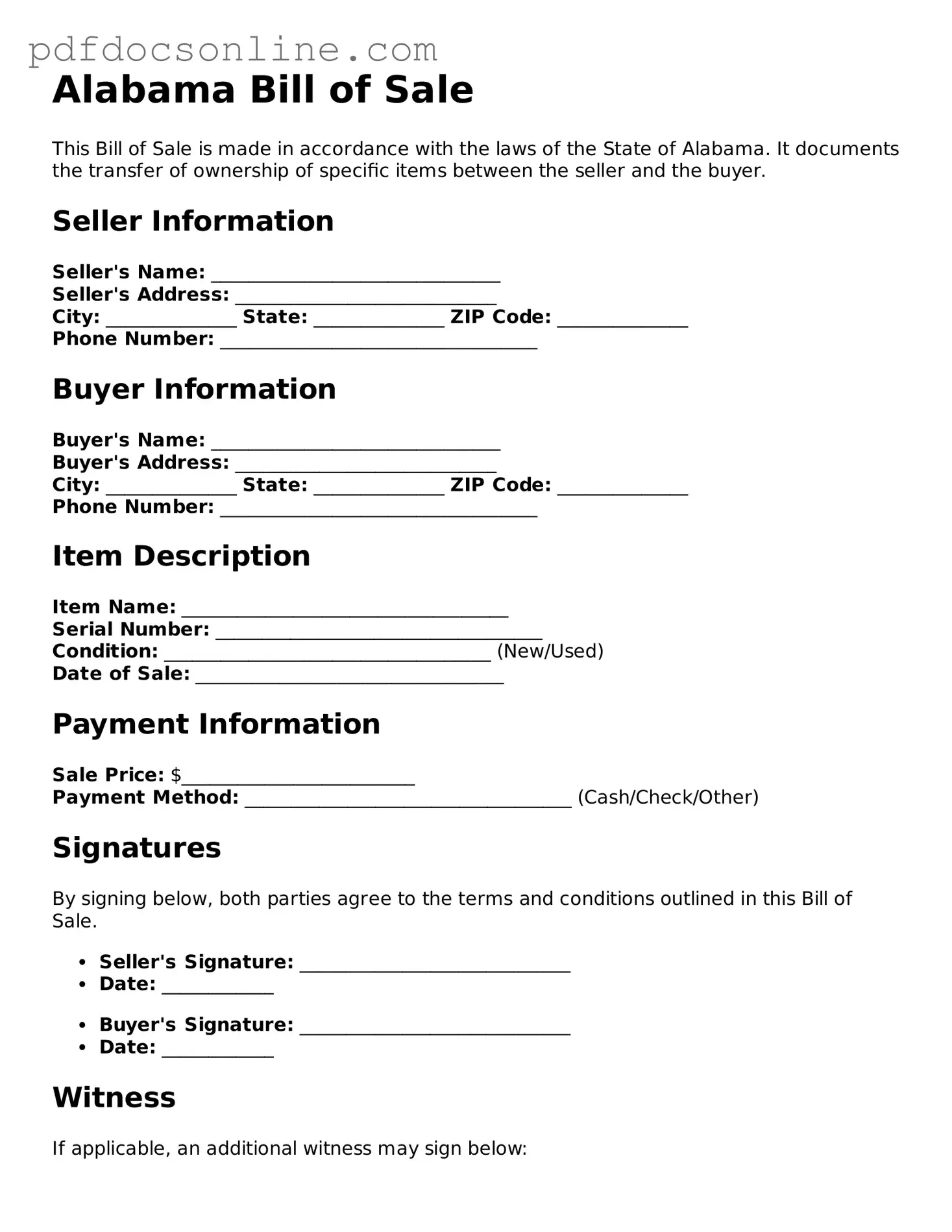 Attorney-Verified  Bill of Sale Form for Alabama