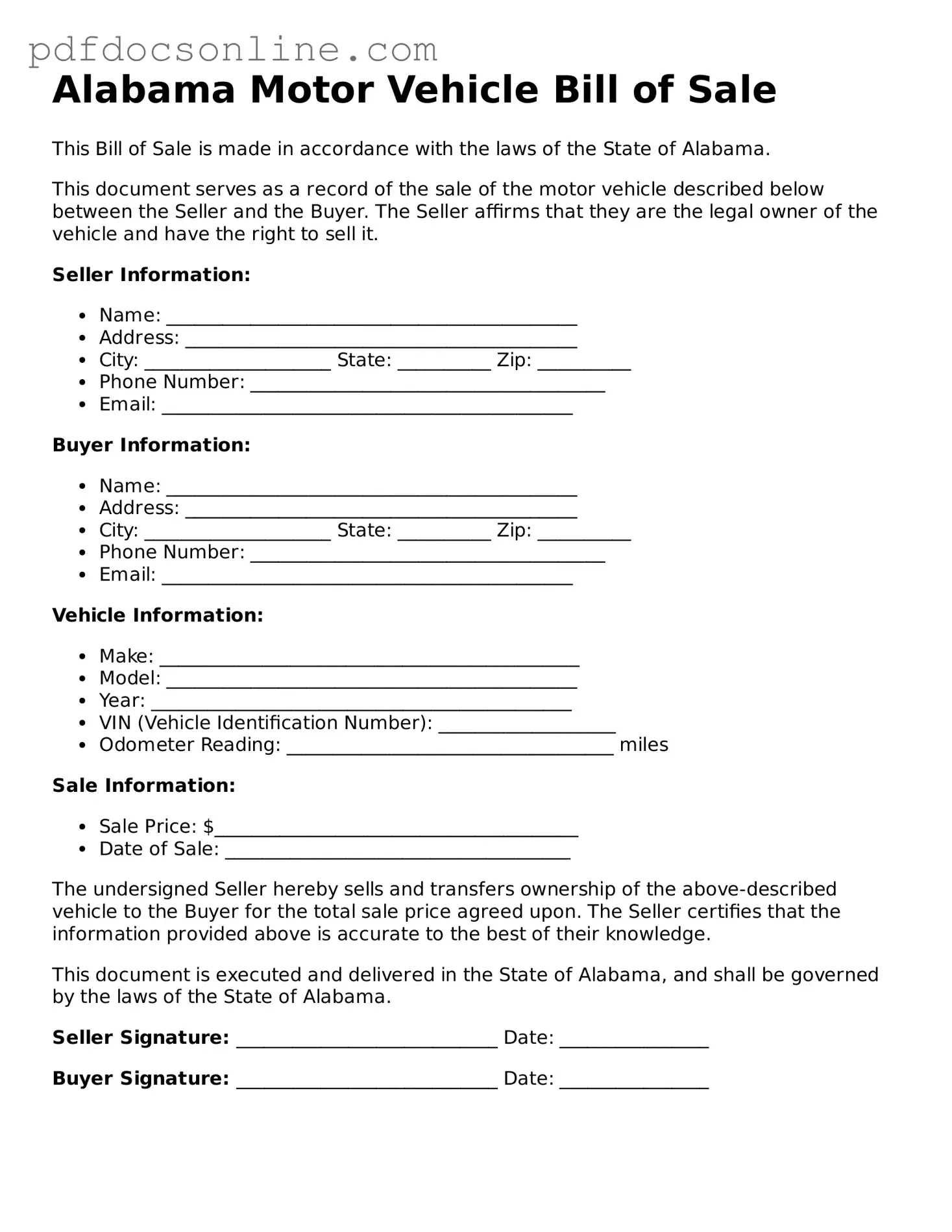 Attorney-Verified  Motor Vehicle Bill of Sale Form for Alabama