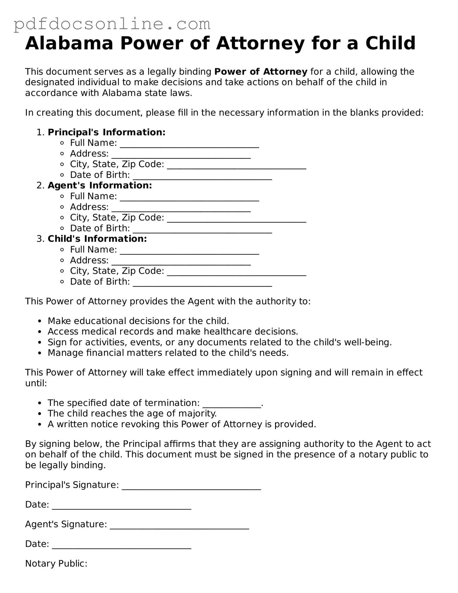 Attorney-Verified  Power of Attorney for a Child Form for Alabama