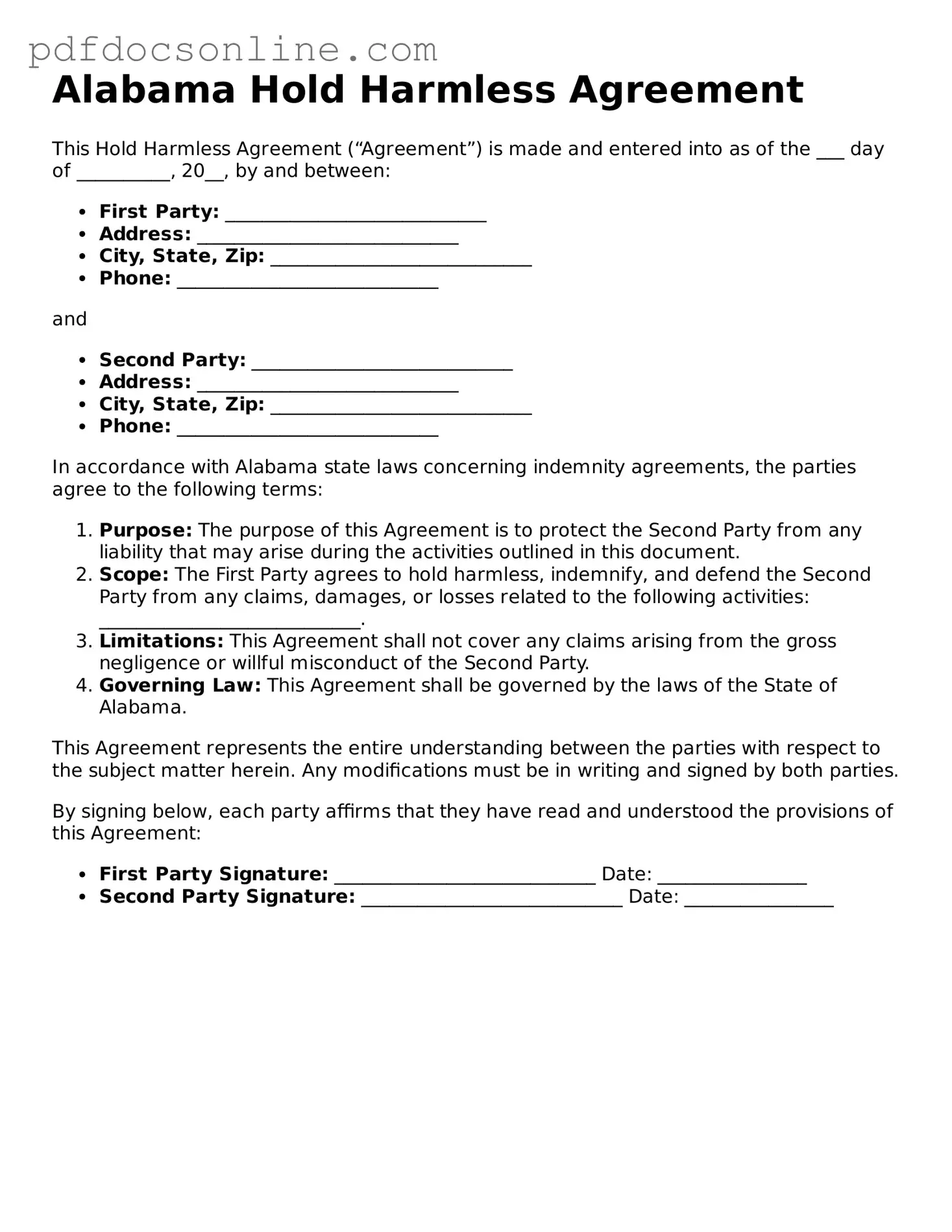 Attorney-Verified  Hold Harmless Agreement Form for Alabama