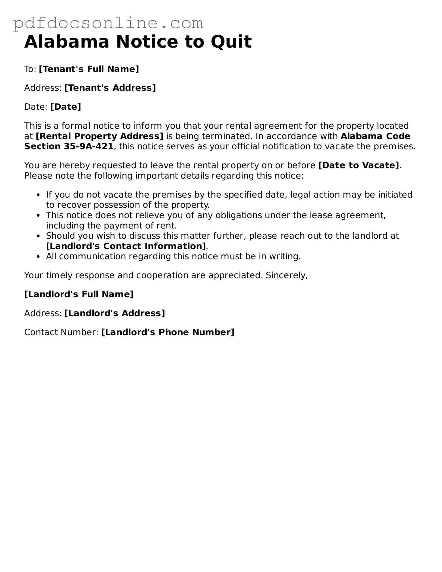 Attorney-Verified  Notice to Quit Form for Alabama