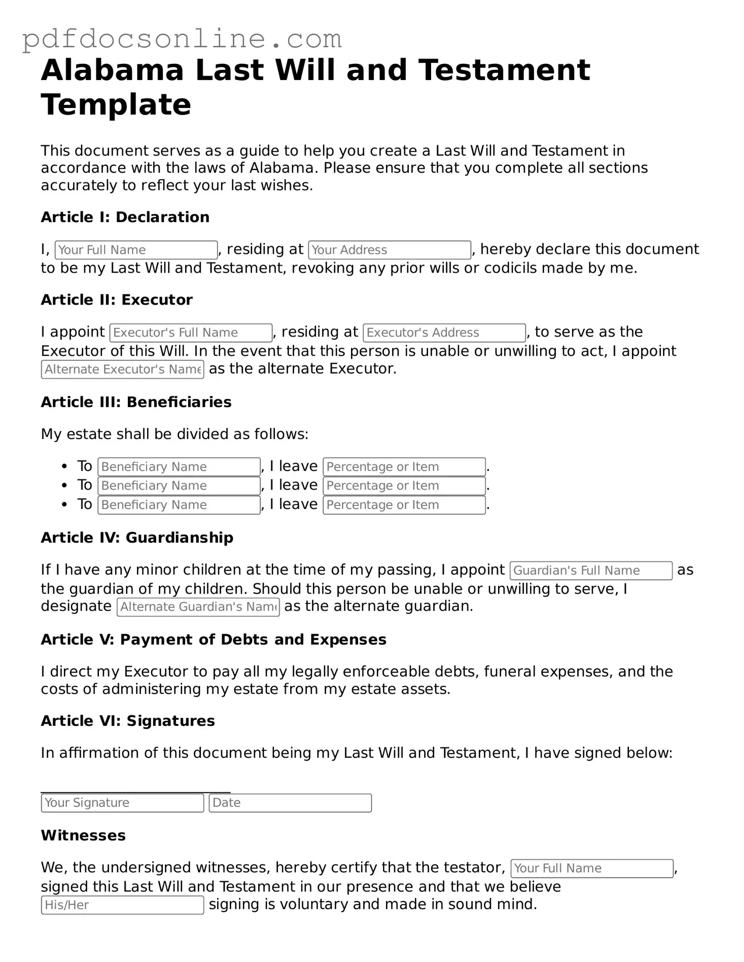 Attorney-Verified  Last Will and Testament Form for Alabama