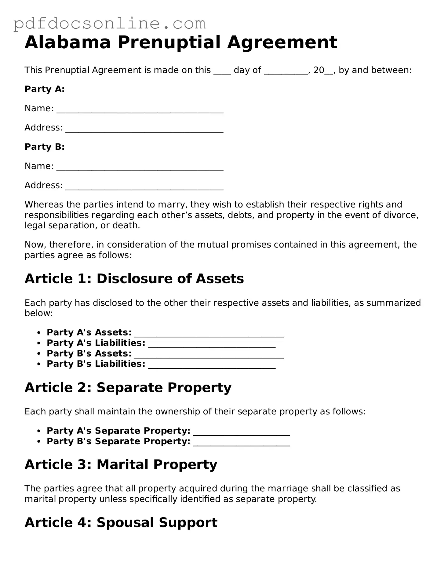Attorney-Verified  Prenuptial Agreement Form for Alabama