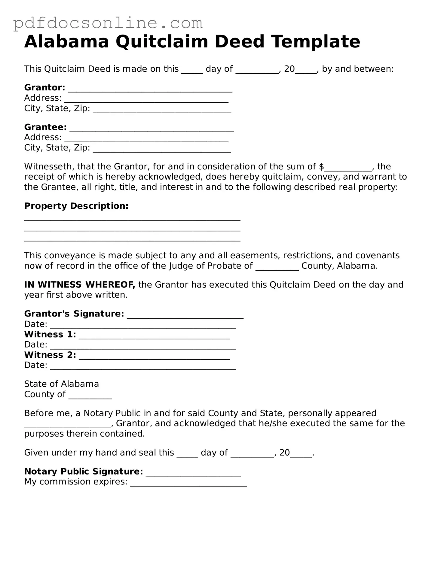 Attorney-Verified  Quitclaim Deed Form for Alabama