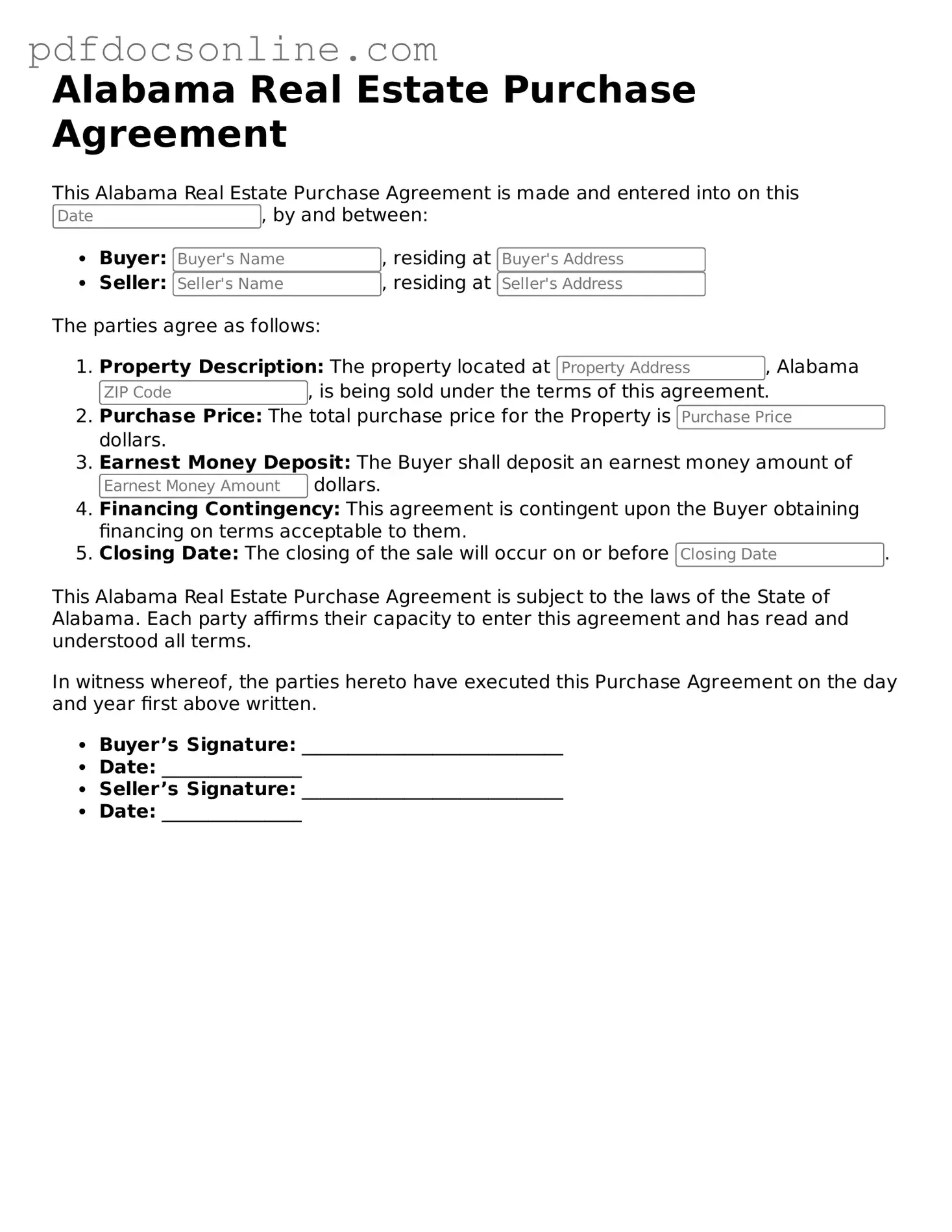 Attorney-Verified  Real Estate Purchase Agreement Form for Alabama