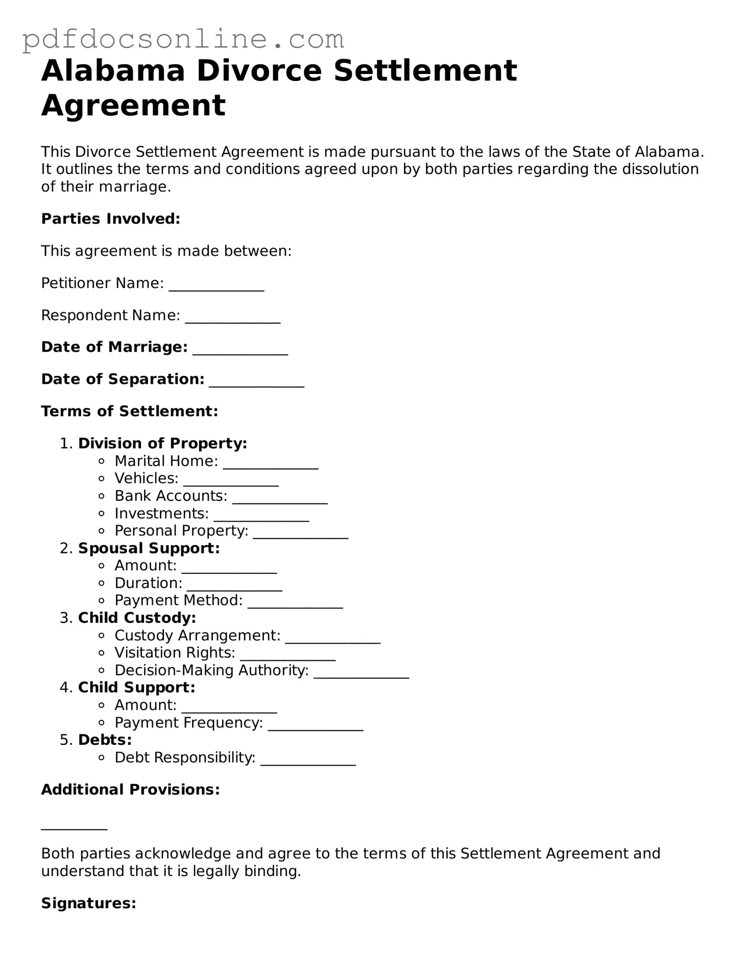 Attorney-Verified  Divorce Settlement Agreement Form for Alabama