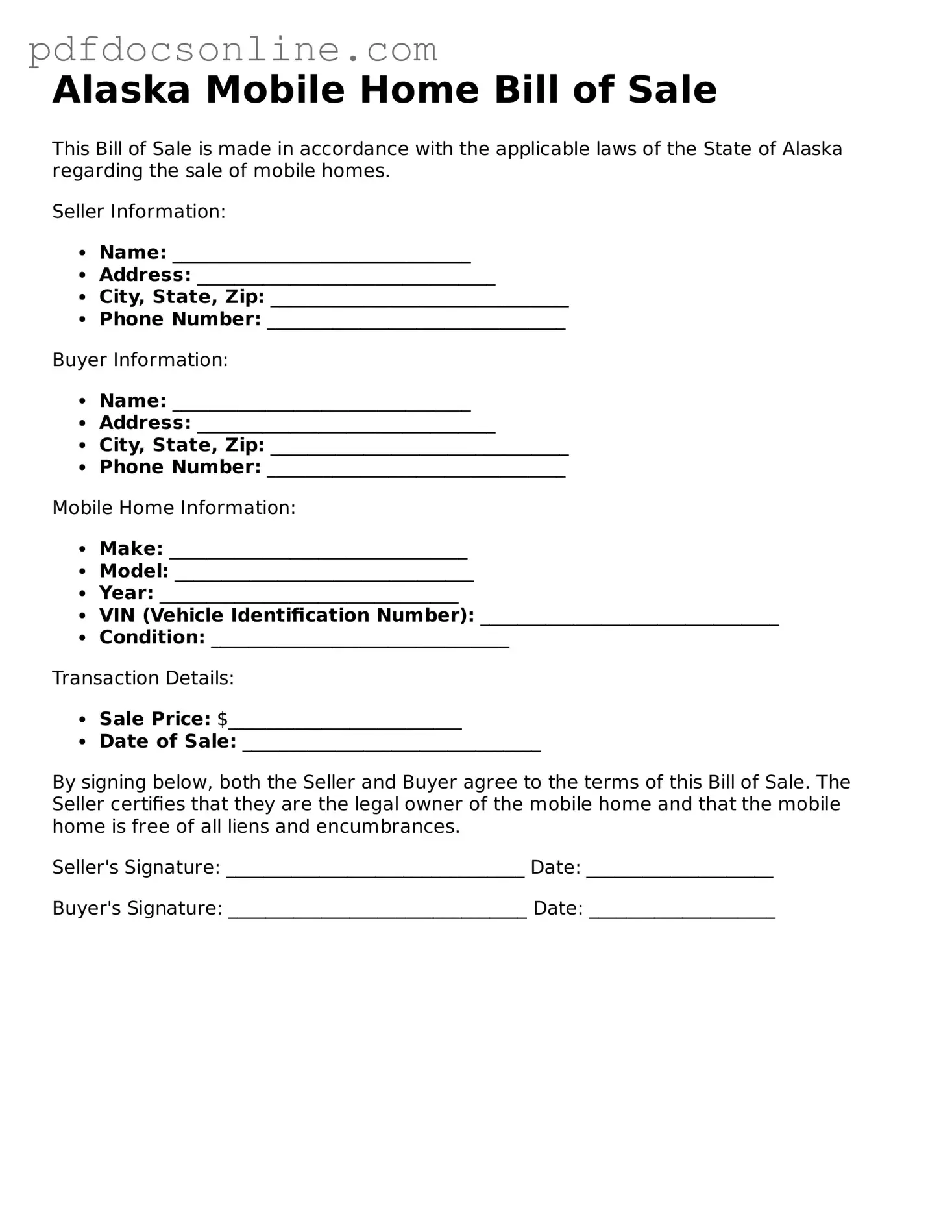 Attorney-Verified  Mobile Home Bill of Sale Form for Alaska