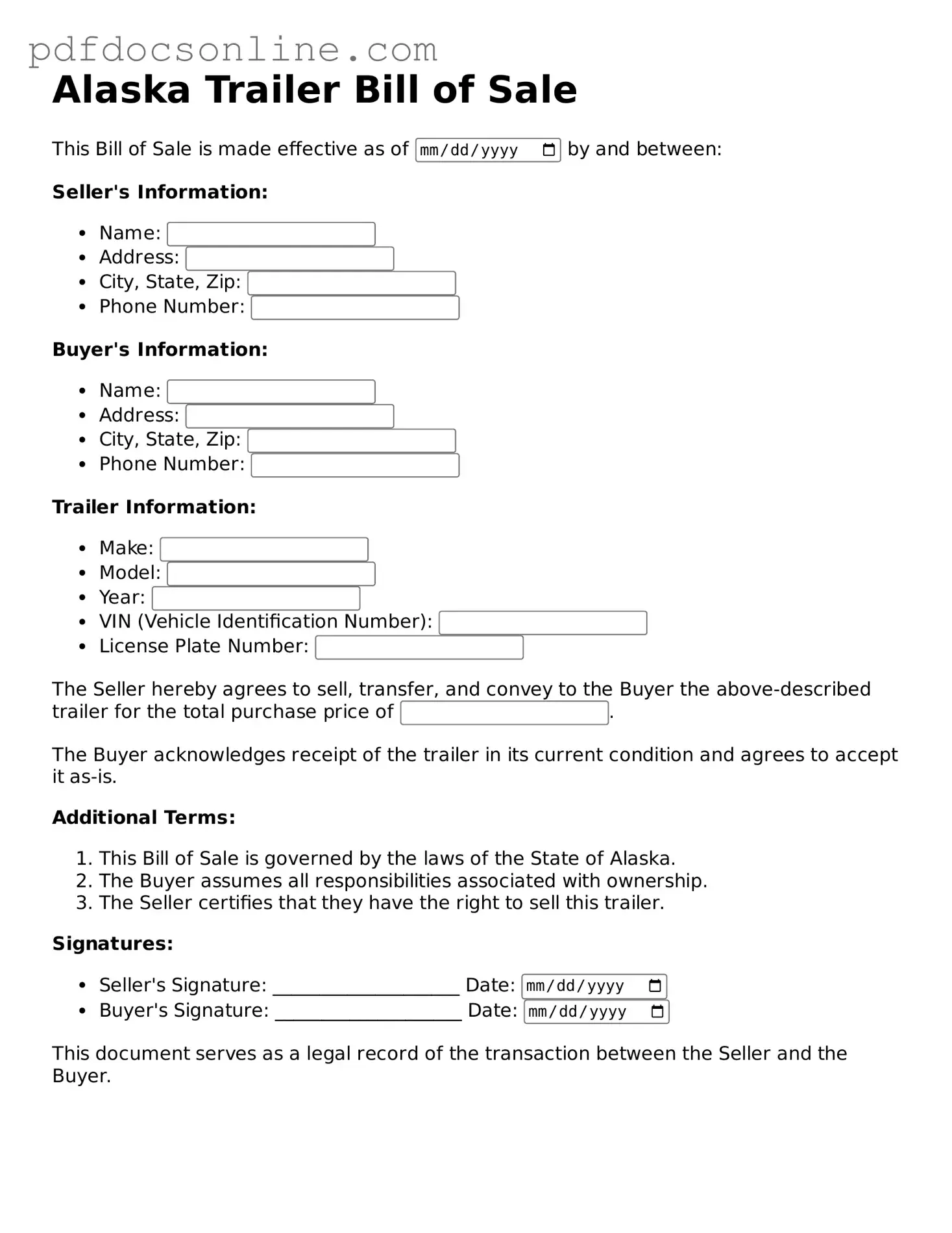Attorney-Verified  Trailer Bill of Sale Form for Alaska
