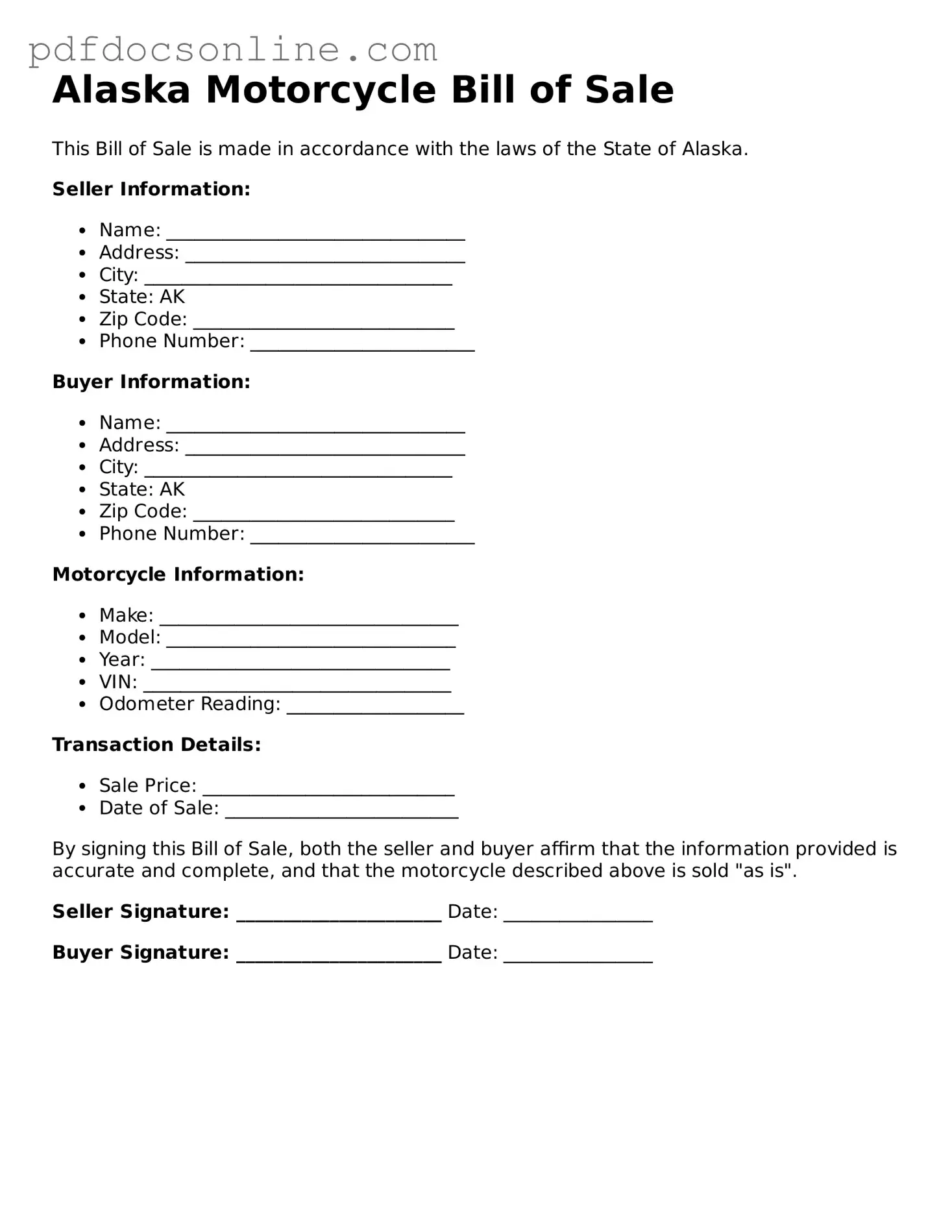 Attorney-Verified  Motorcycle Bill of Sale Form for Alaska