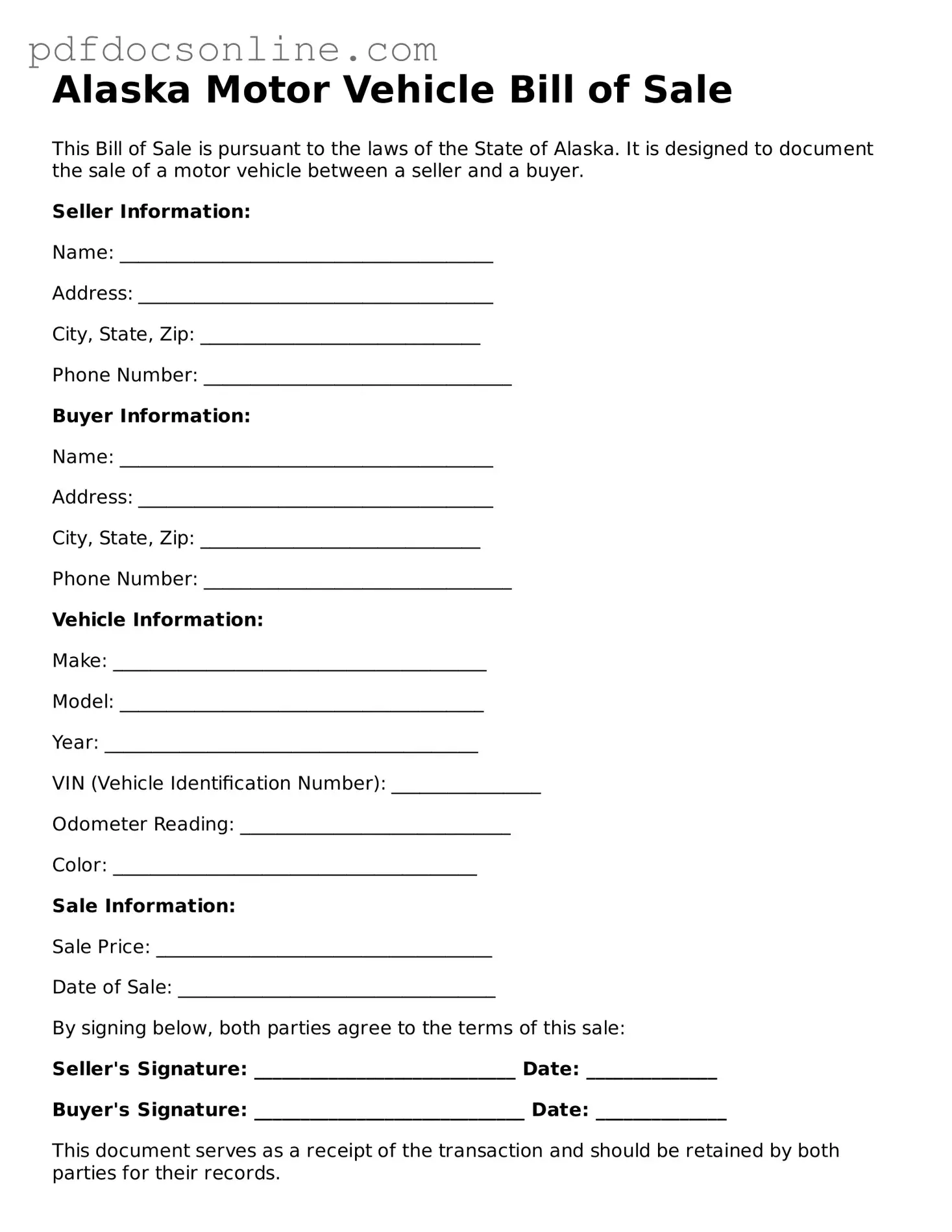 Attorney-Verified  Motor Vehicle Bill of Sale Form for Alaska