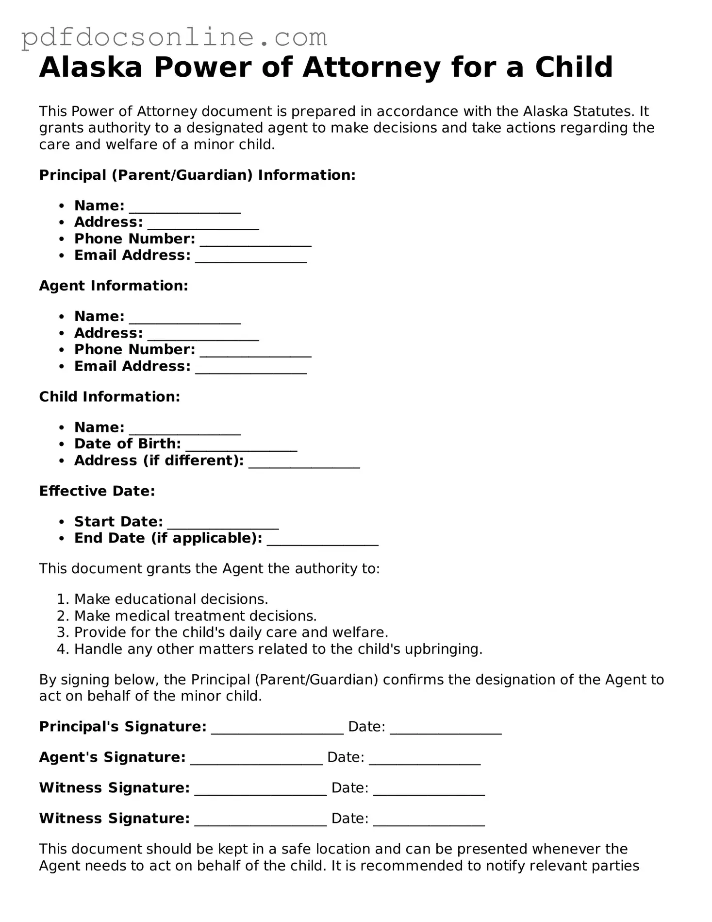 Attorney-Verified  Power of Attorney for a Child Form for Alaska