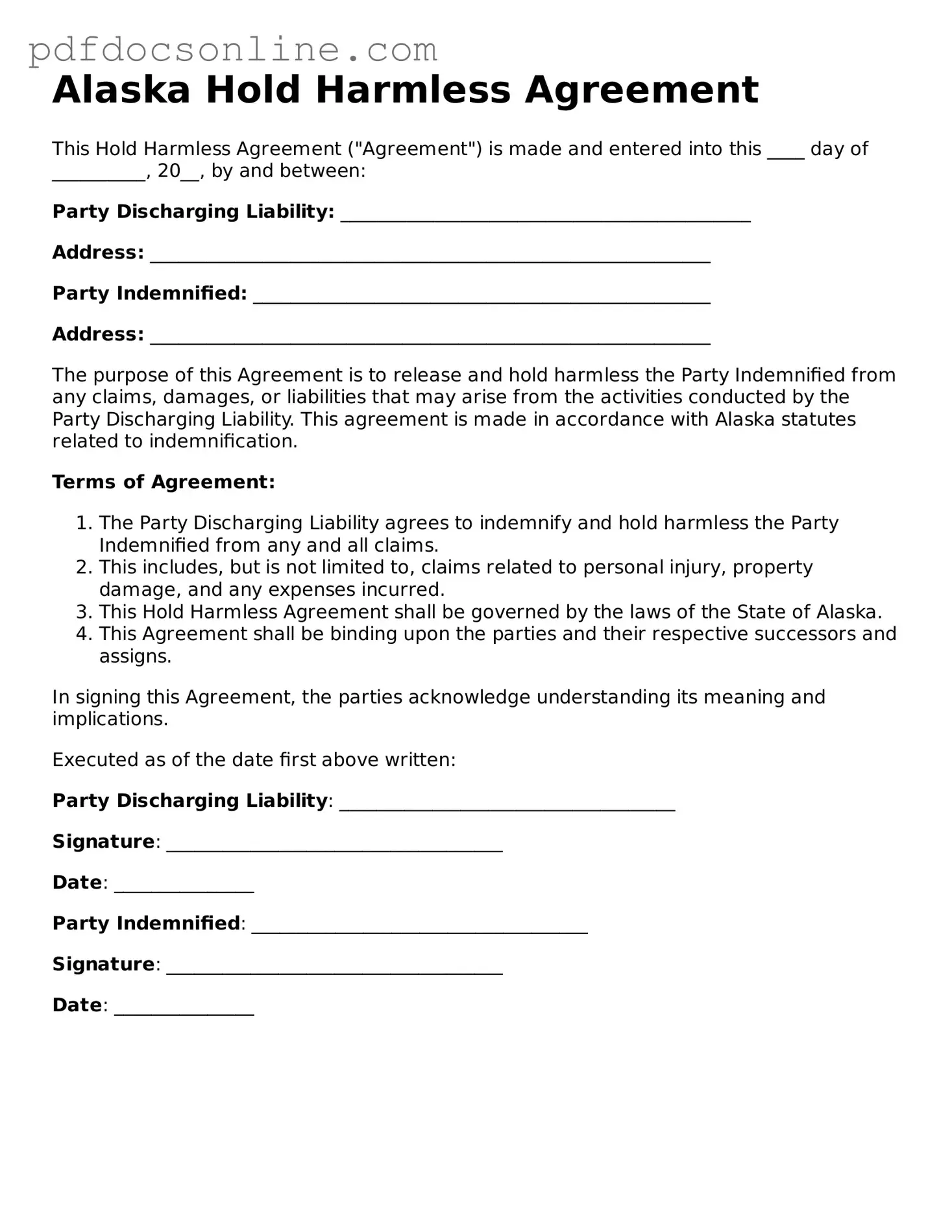Attorney-Verified  Hold Harmless Agreement Form for Alaska