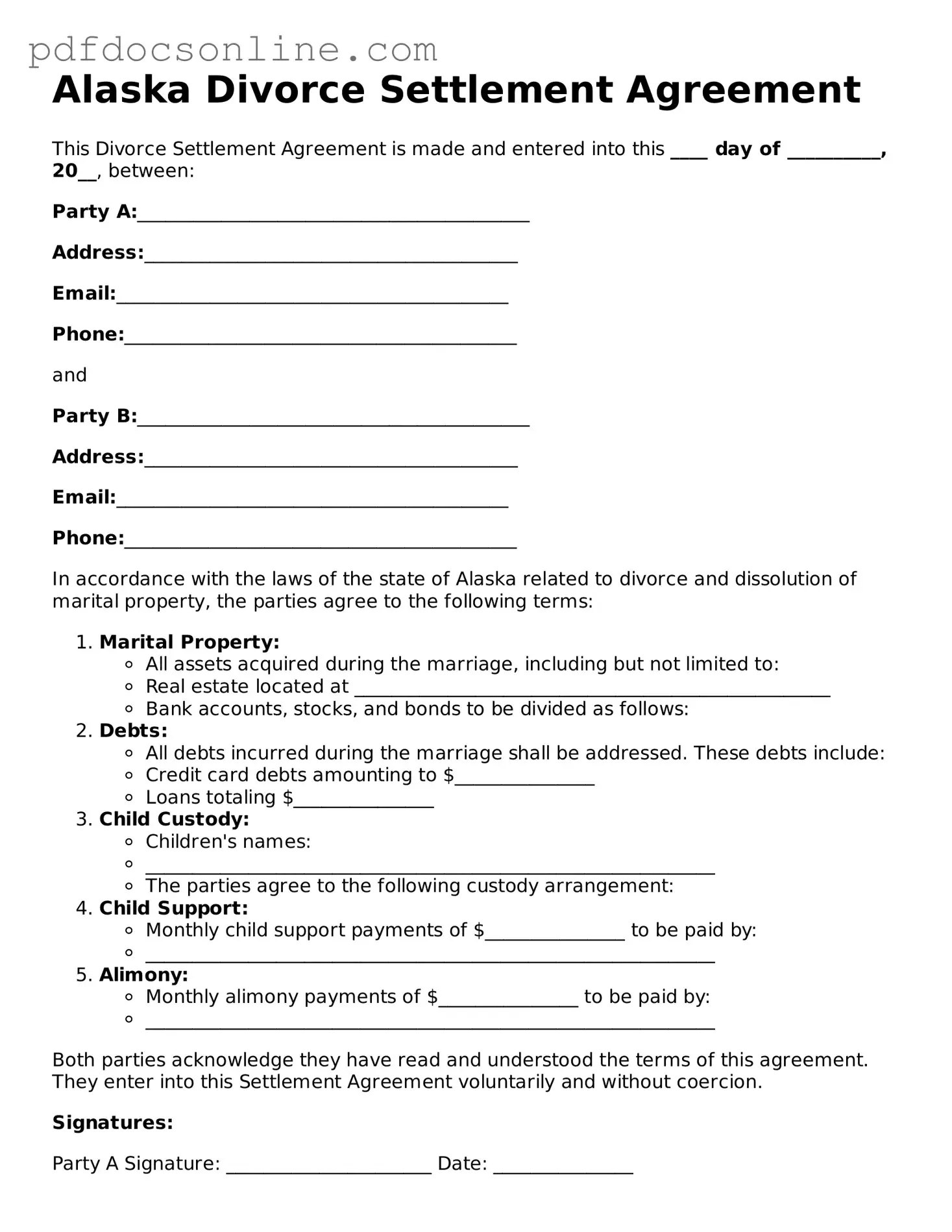 Attorney-Verified  Divorce Settlement Agreement Form for Alaska