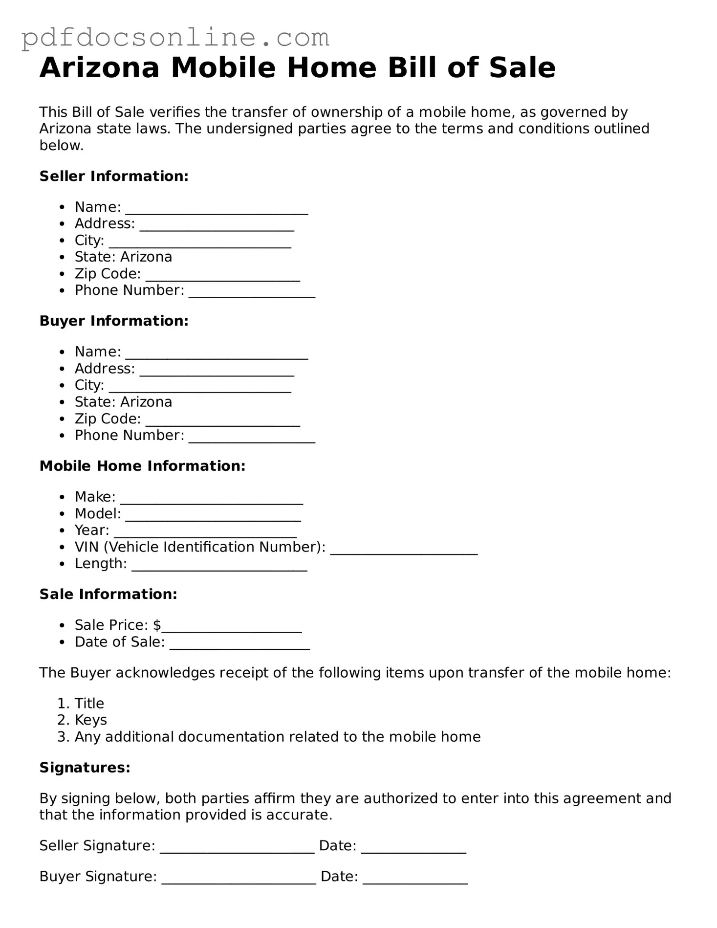 Attorney-Verified  Mobile Home Bill of Sale Form for Arizona