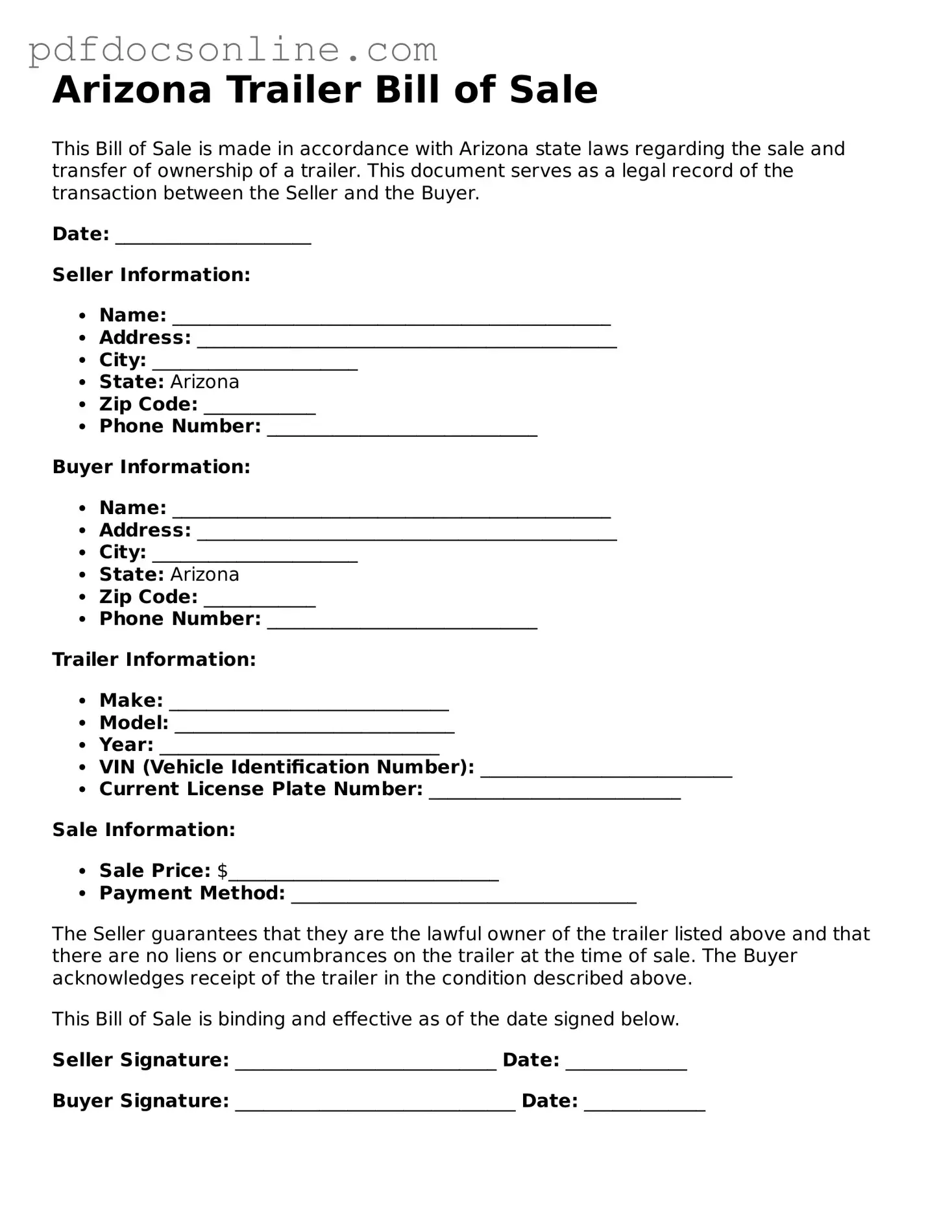 Attorney-Verified  Trailer Bill of Sale Form for Arizona