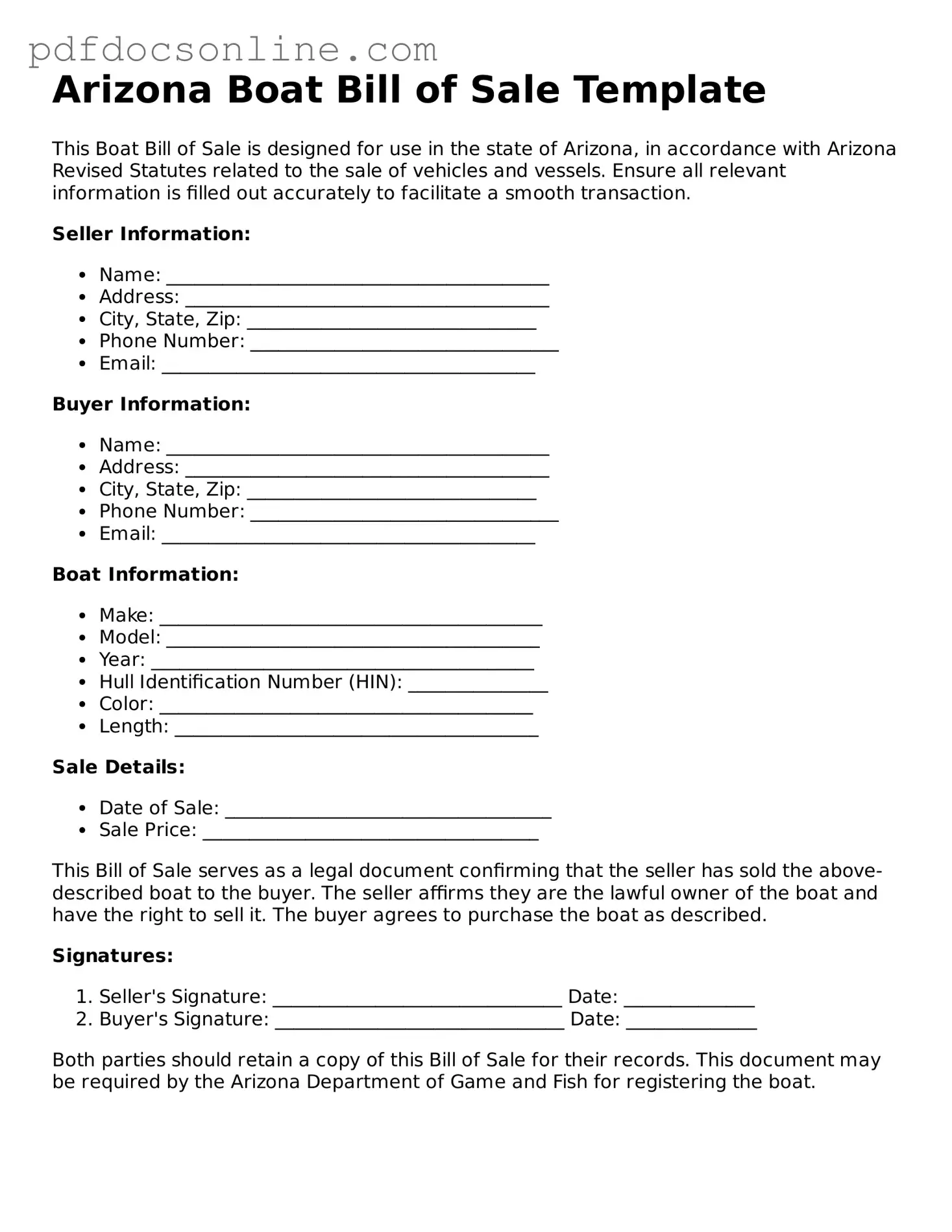 Attorney-Verified  Boat Bill of Sale Form for Arizona