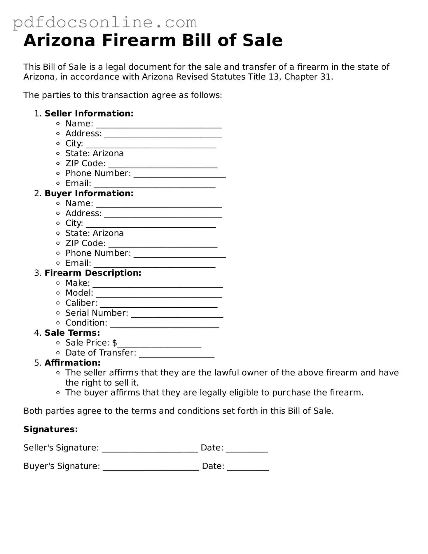 Attorney-Verified  Firearm Bill of Sale Form for Arizona