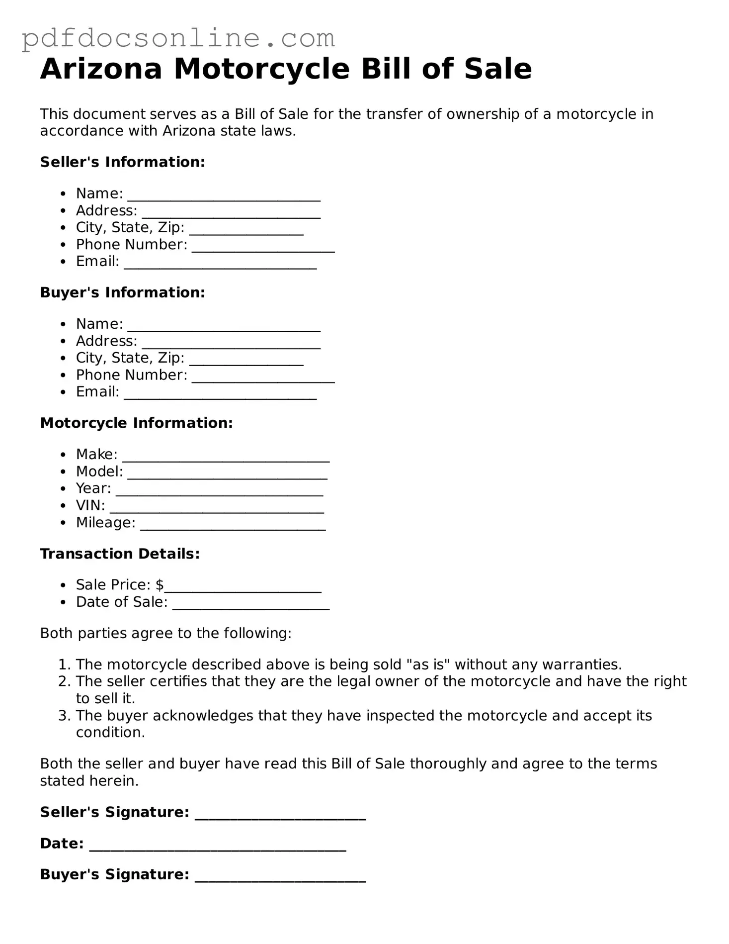 Attorney-Verified  Motorcycle Bill of Sale Form for Arizona