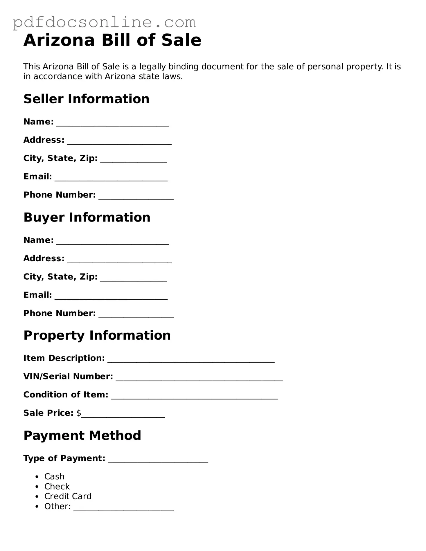Attorney-Verified  Bill of Sale Form for Arizona