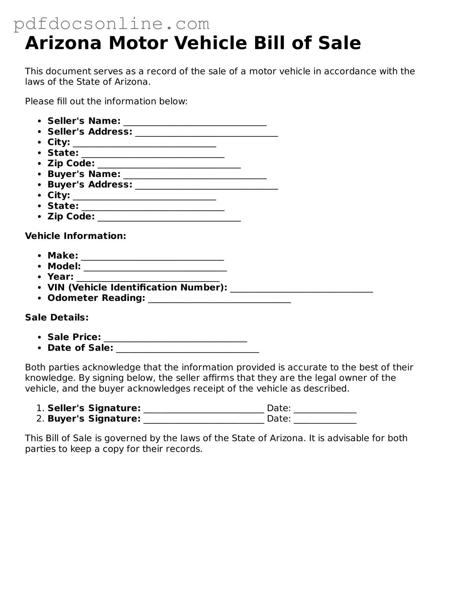 Attorney-Verified  Motor Vehicle Bill of Sale Form for Arizona