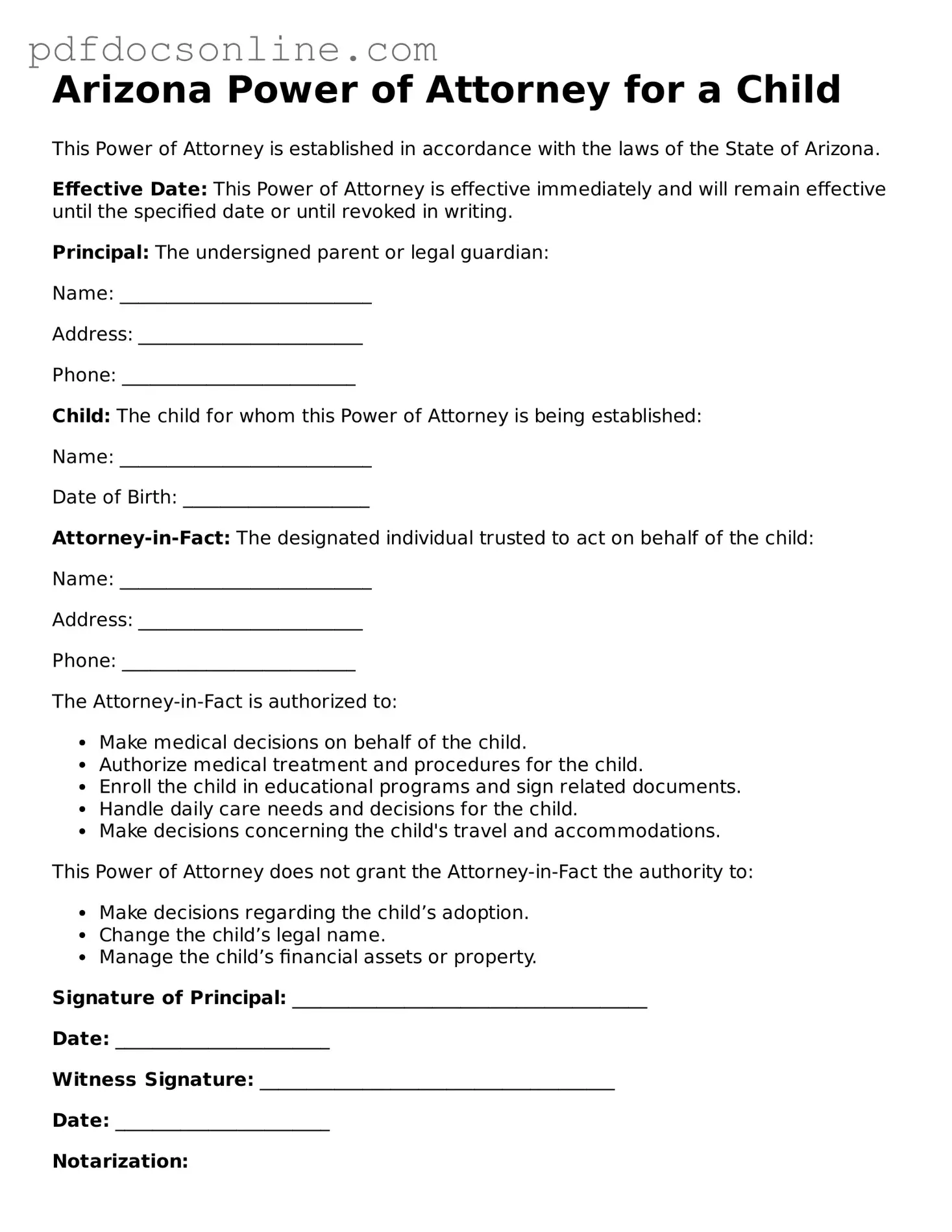 Attorney-Verified  Power of Attorney for a Child Form for Arizona
