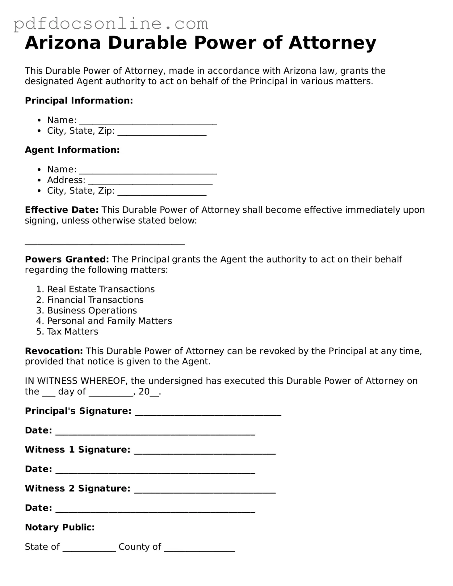 Attorney-Verified  Durable Power of Attorney Form for Arizona