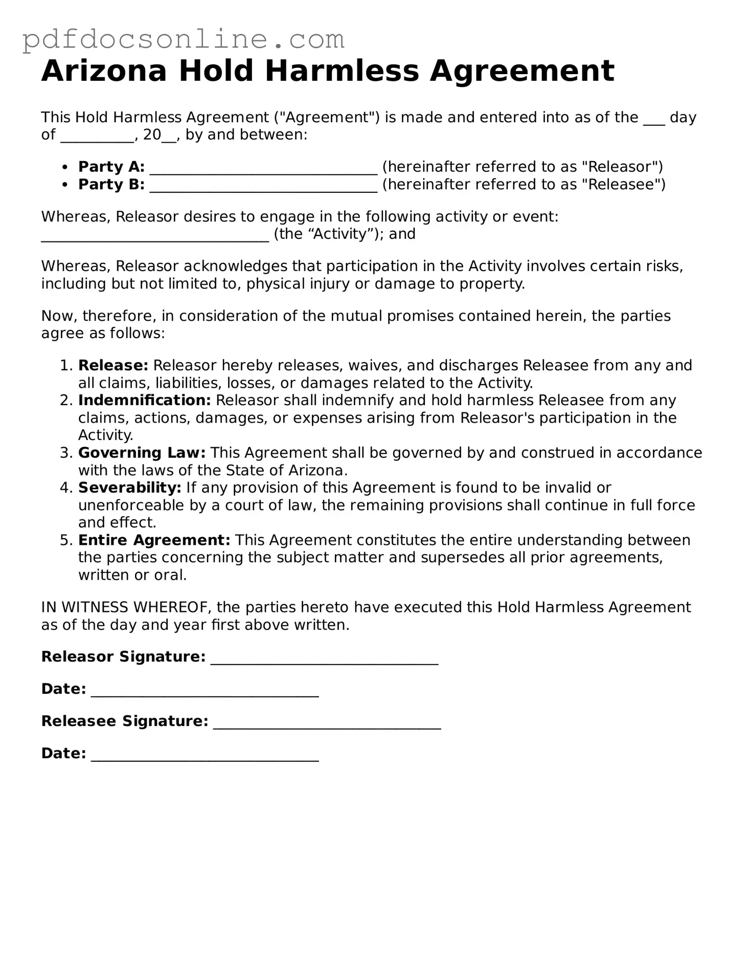 Attorney-Verified  Hold Harmless Agreement Form for Arizona