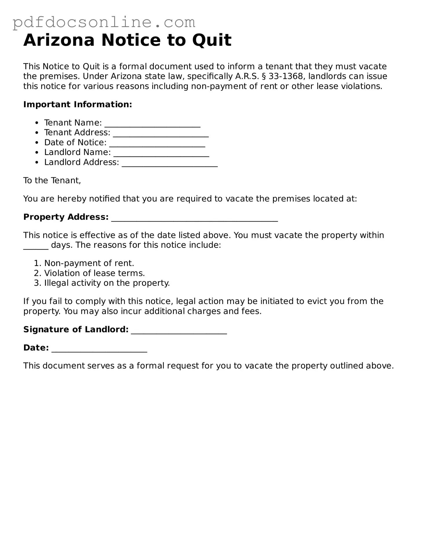 Attorney-Verified  Notice to Quit Form for Arizona