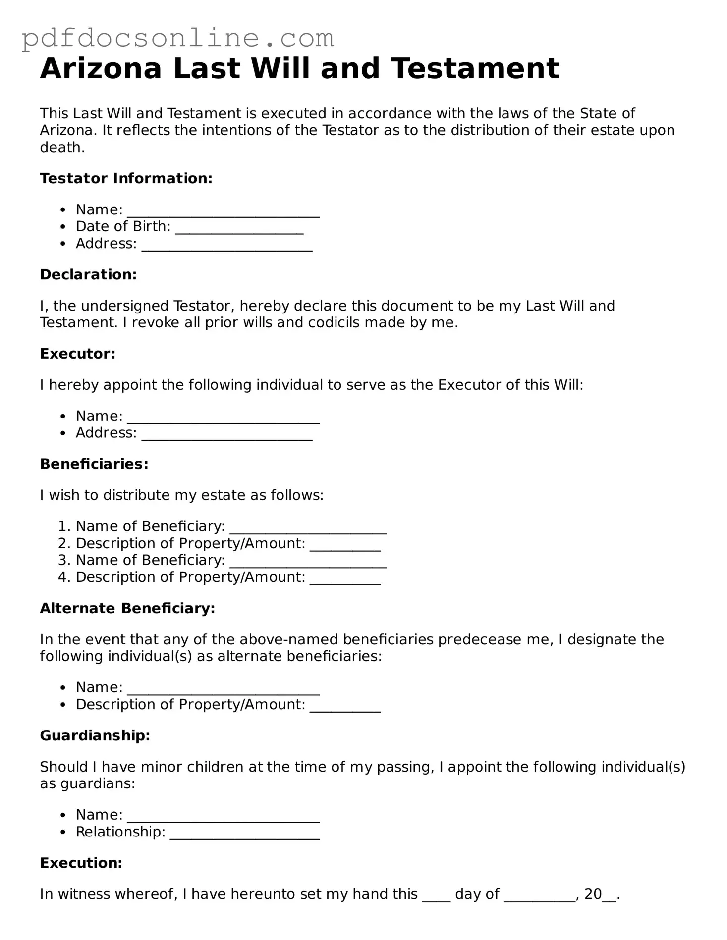 Attorney-Verified  Last Will and Testament Form for Arizona