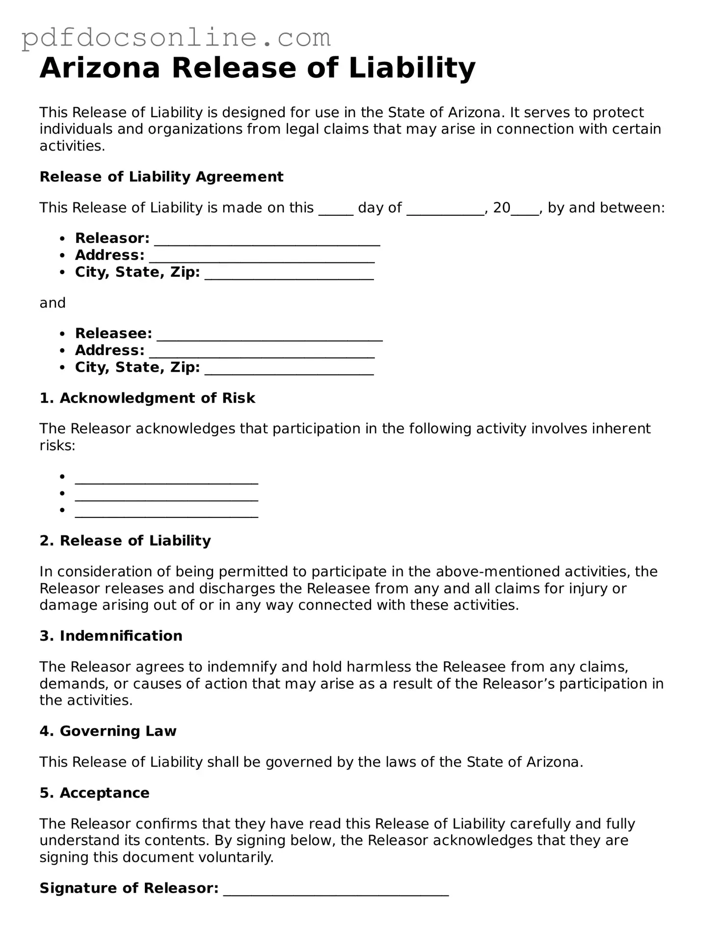 Attorney-Verified  Release of Liability Form for Arizona