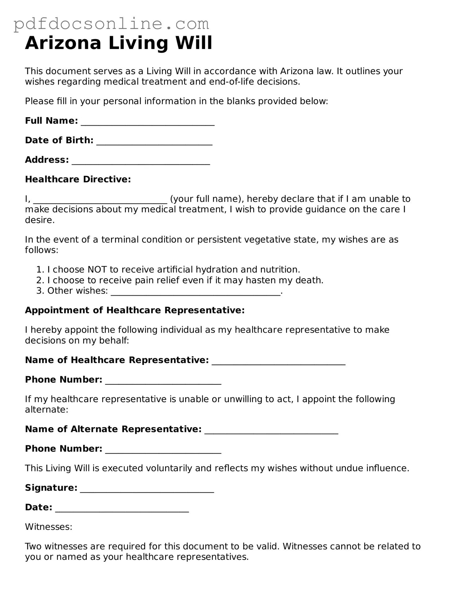 Attorney-Verified  Living Will Form for Arizona
