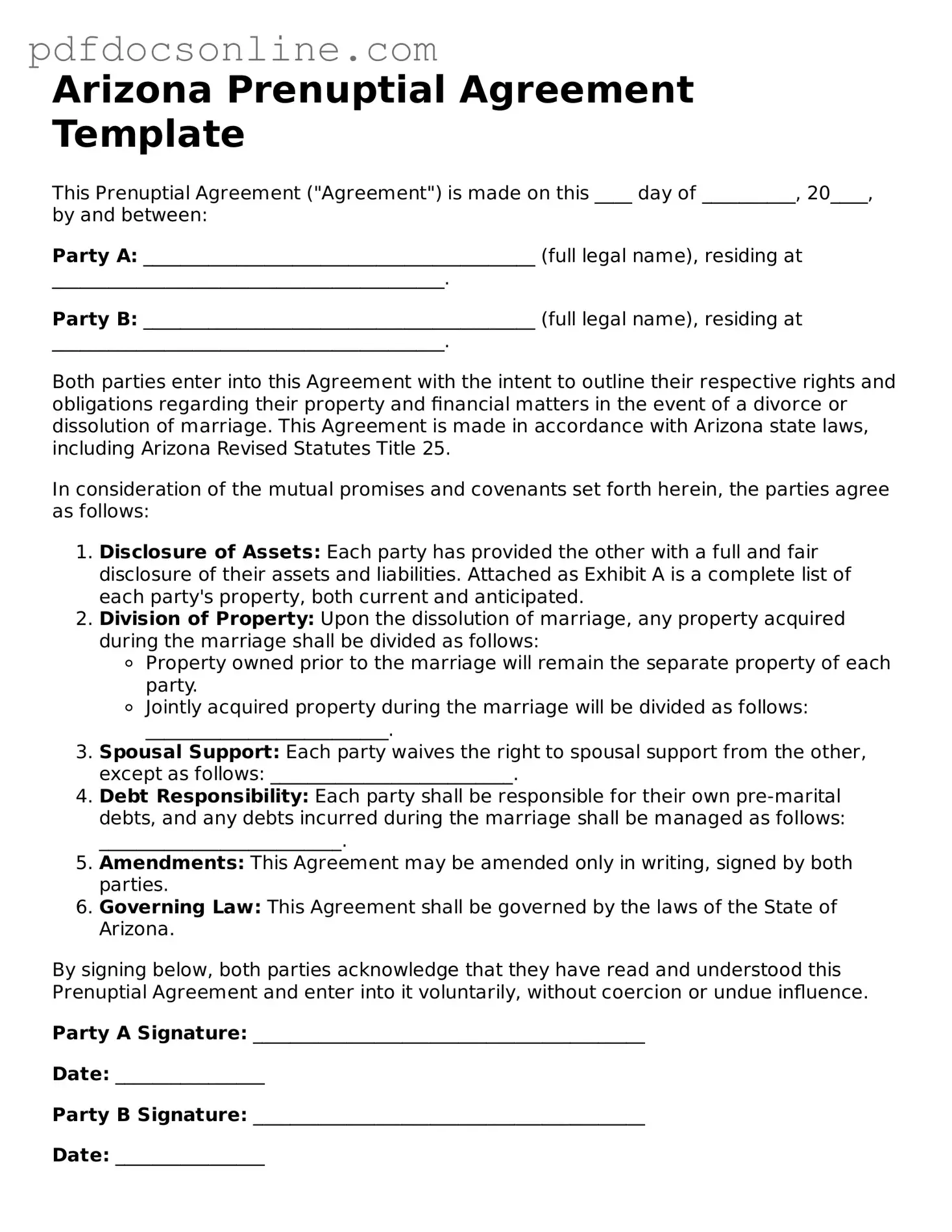 Attorney-Verified  Prenuptial Agreement Form for Arizona