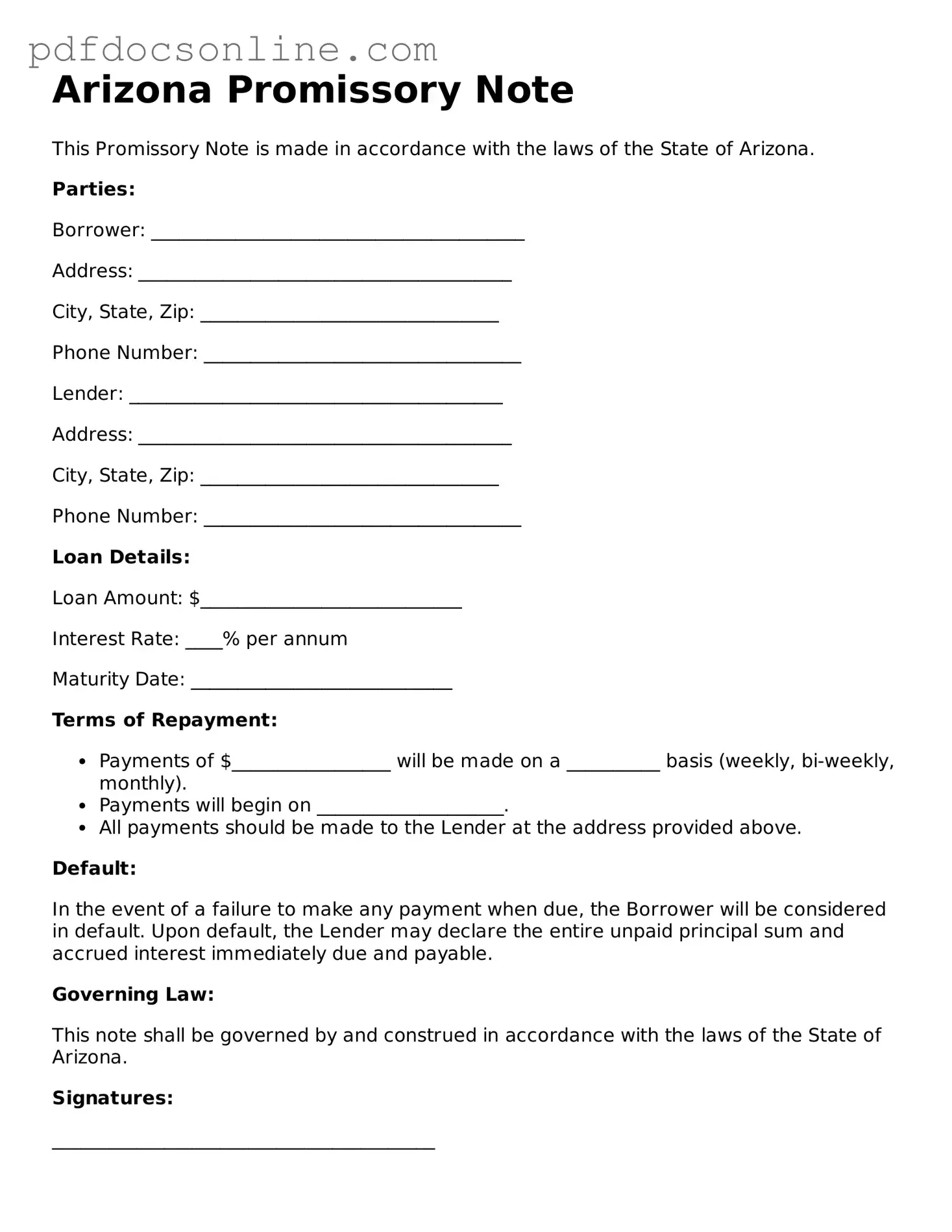 Attorney-Verified  Promissory Note Form for Arizona