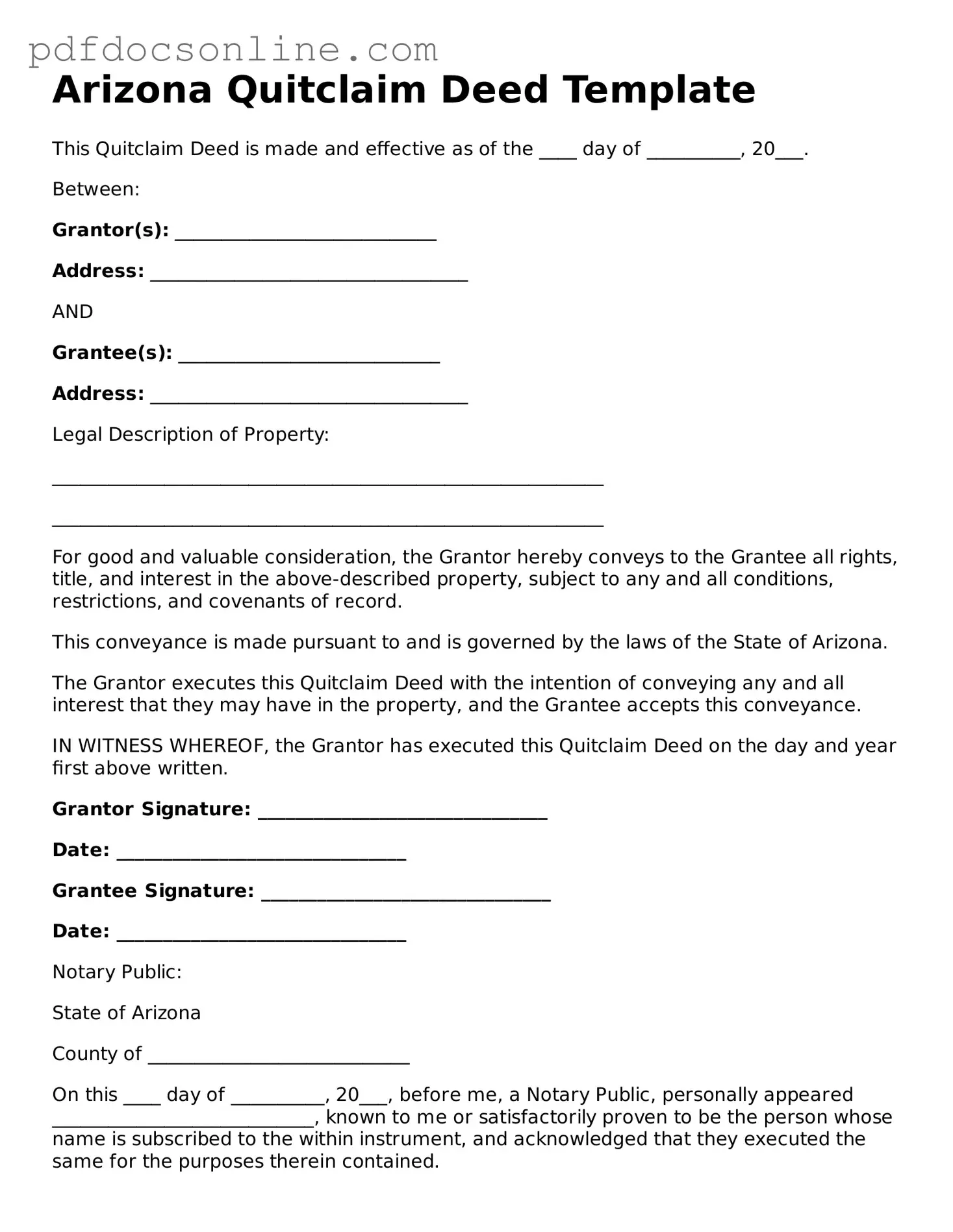 Attorney-Verified  Quitclaim Deed Form for Arizona