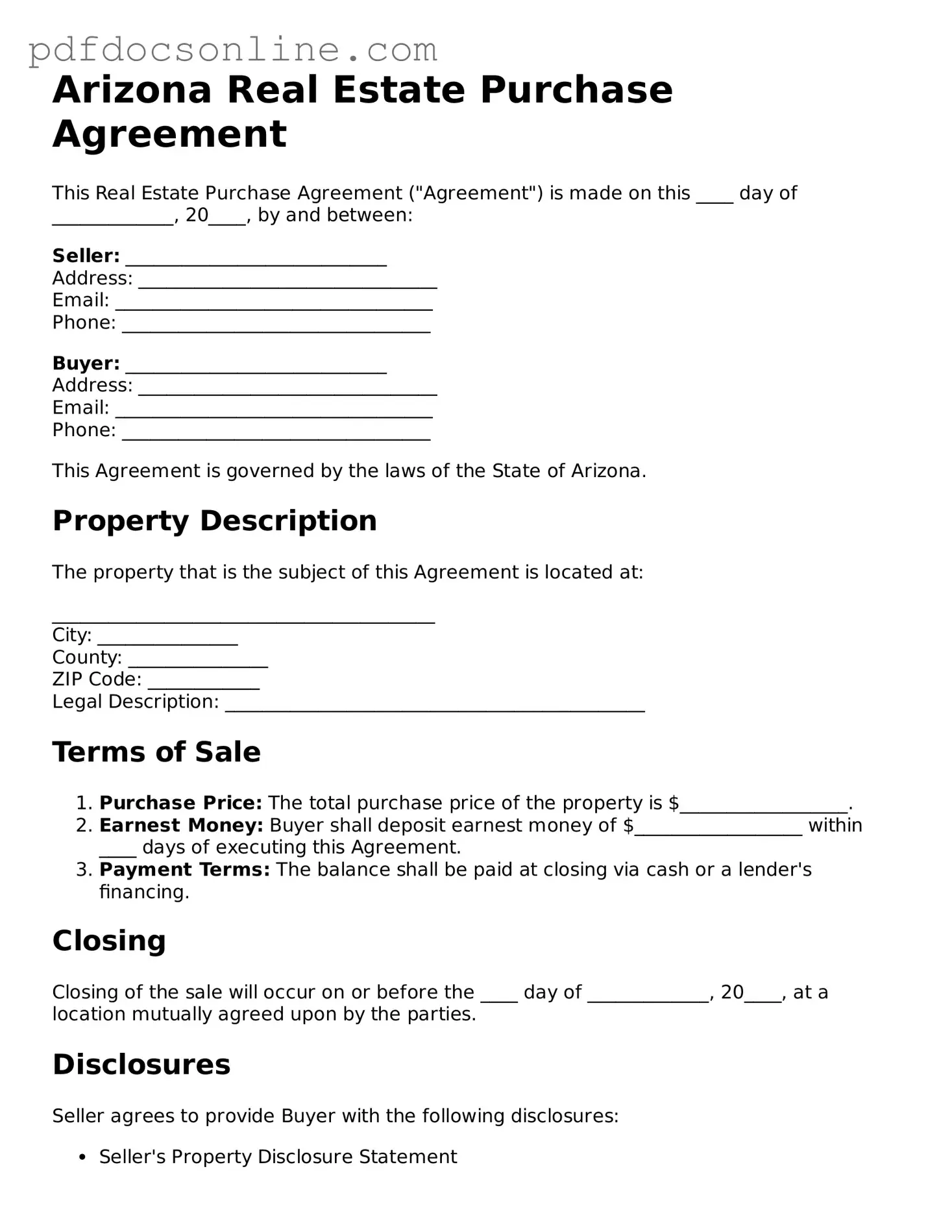 Attorney-Verified  Real Estate Purchase Agreement Form for Arizona