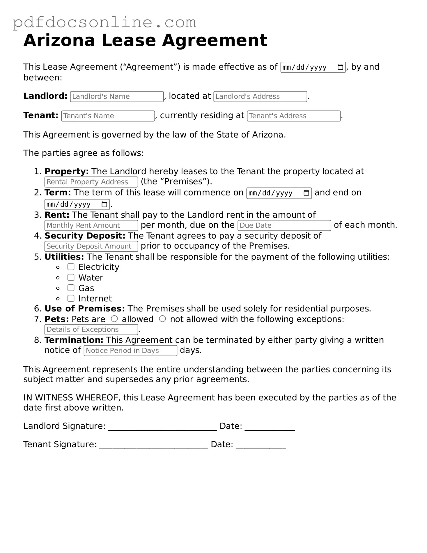 Attorney-Verified  Lease Agreement Form for Arizona