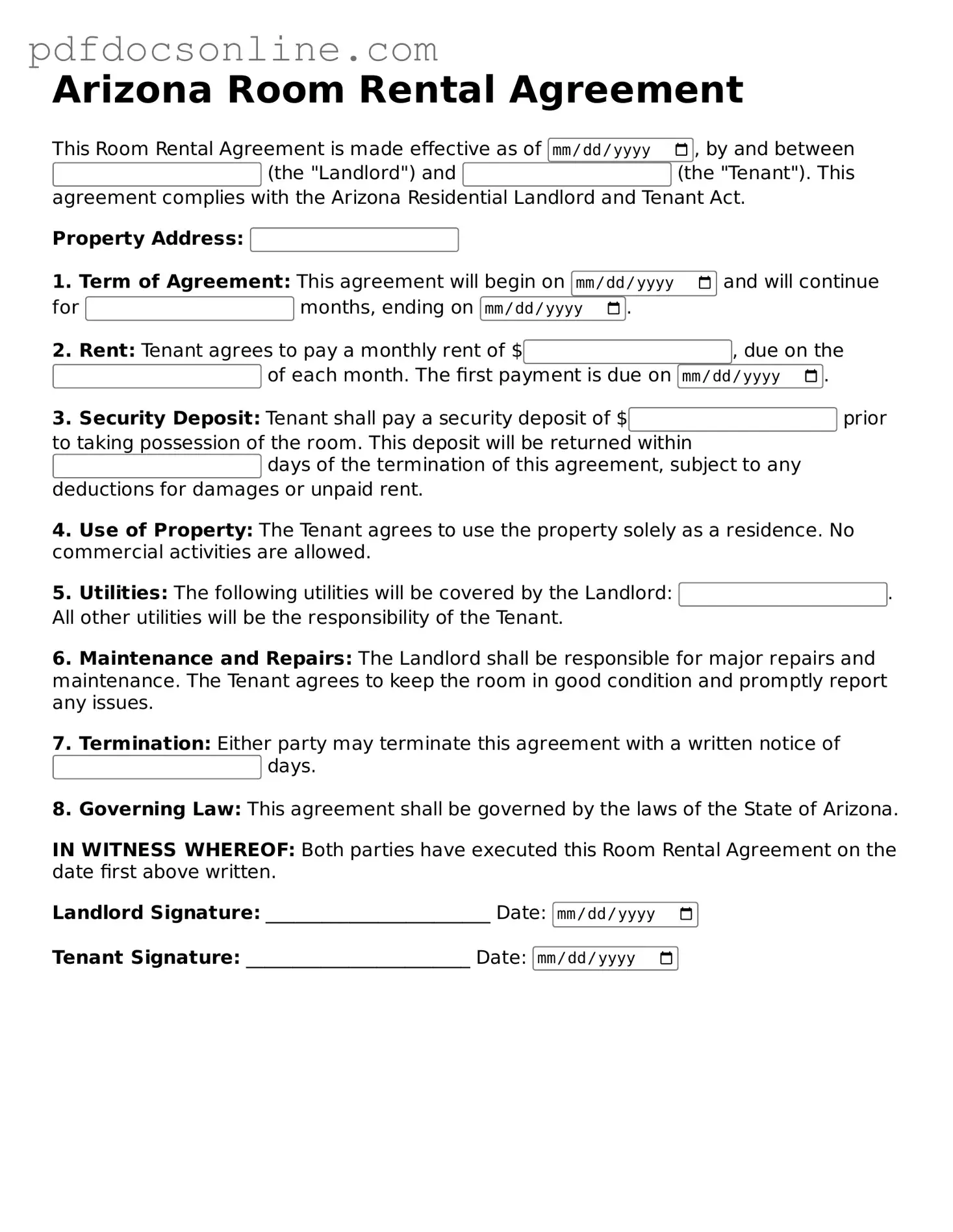 Attorney-Verified  Room Rental Agreement Form for Arizona