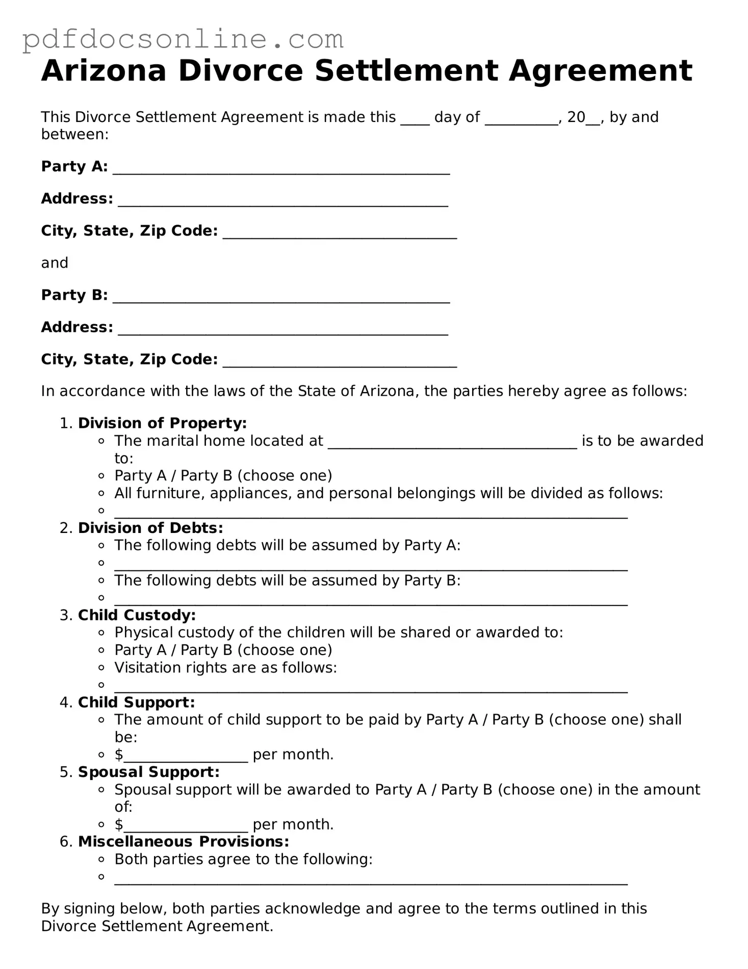 Attorney-Verified  Divorce Settlement Agreement Form for Arizona