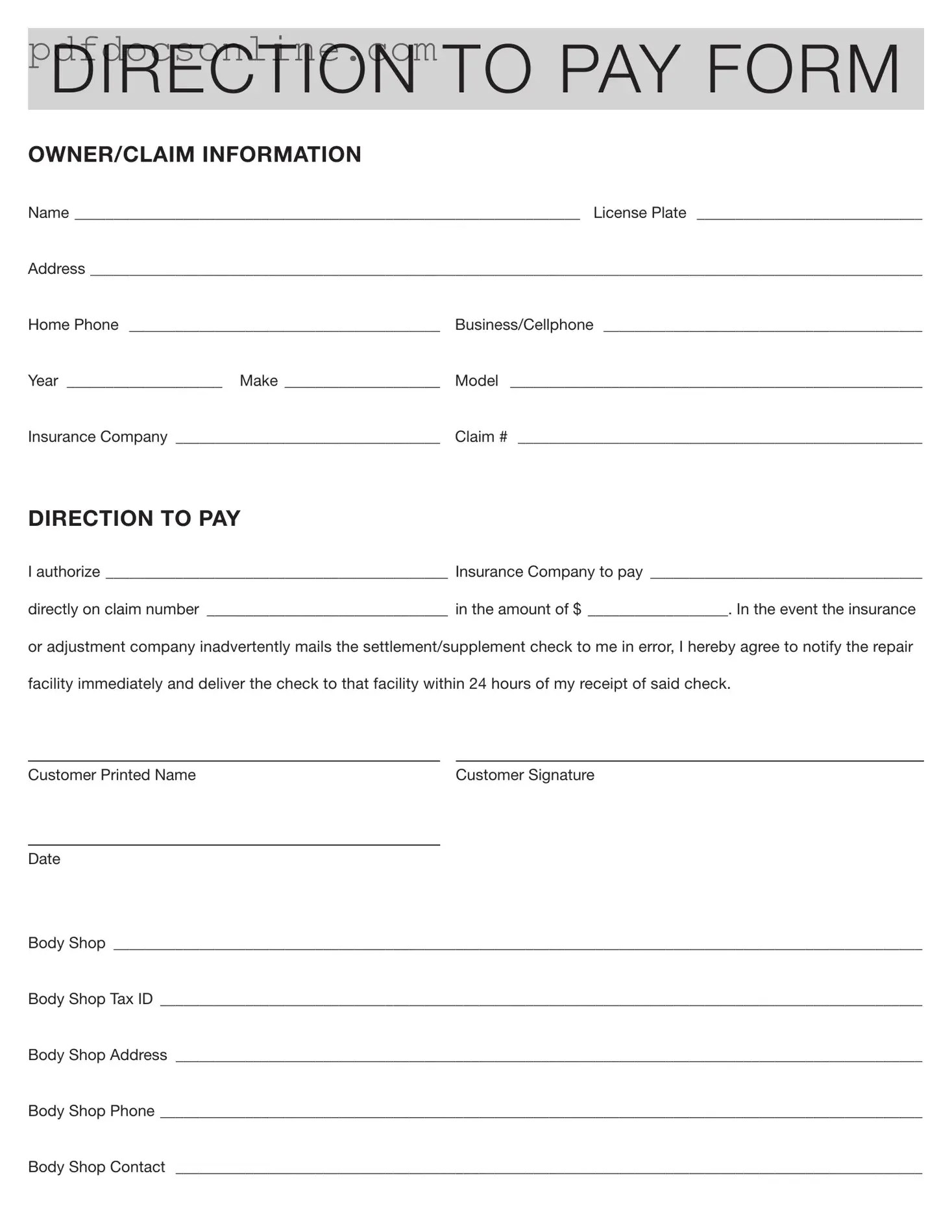Fillable Authorization And Direction Pay Form