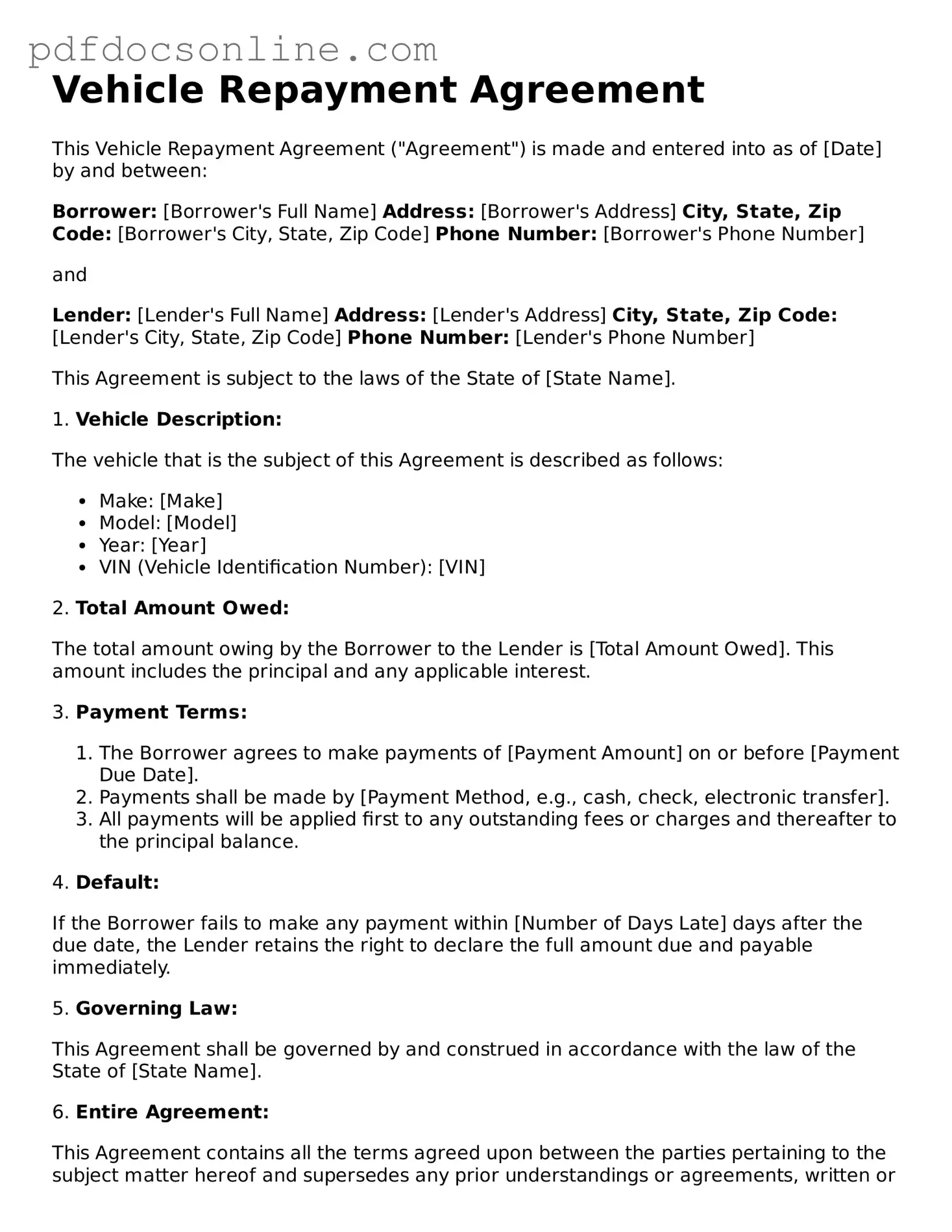 Free Vehicle Repayment Agreement Template