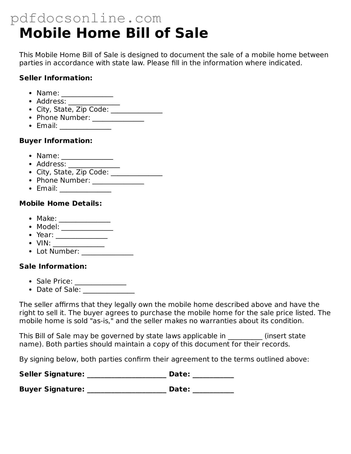 Free Mobile Home Bill of Sale Template