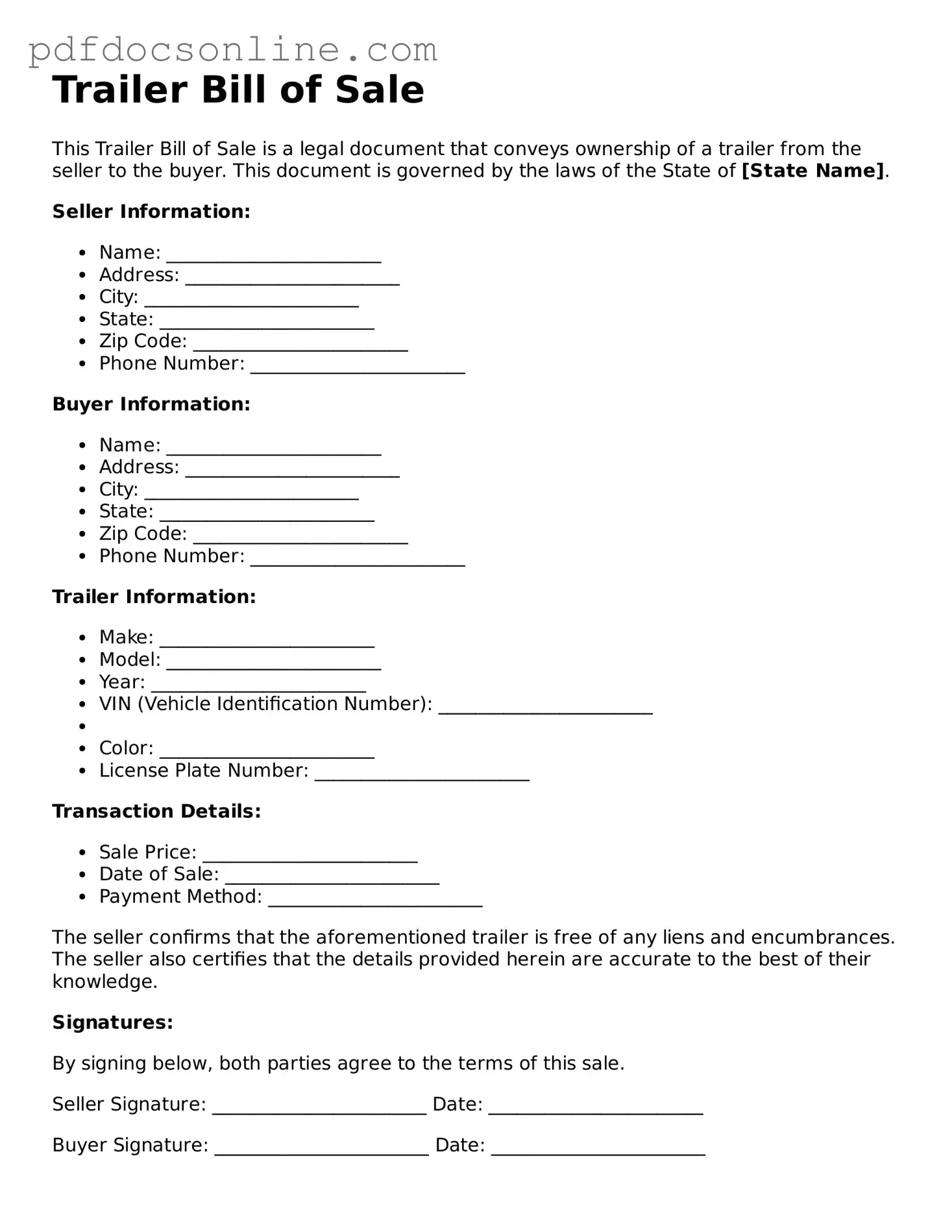 Free Trailer Bill of Sale Template