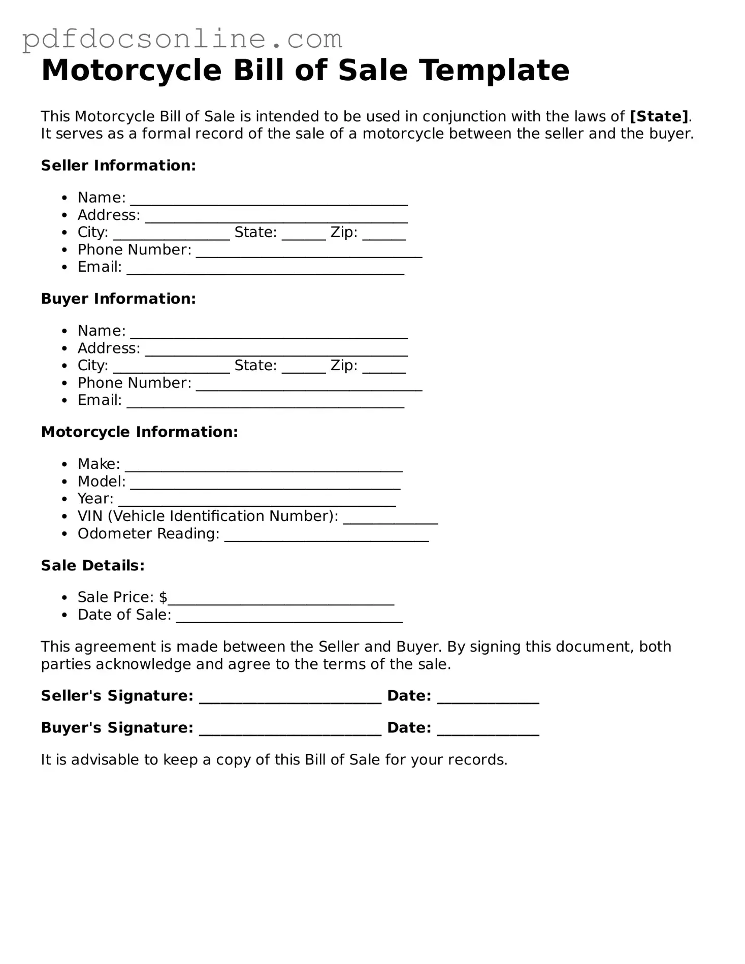 Free Motorcycle Bill of Sale Template