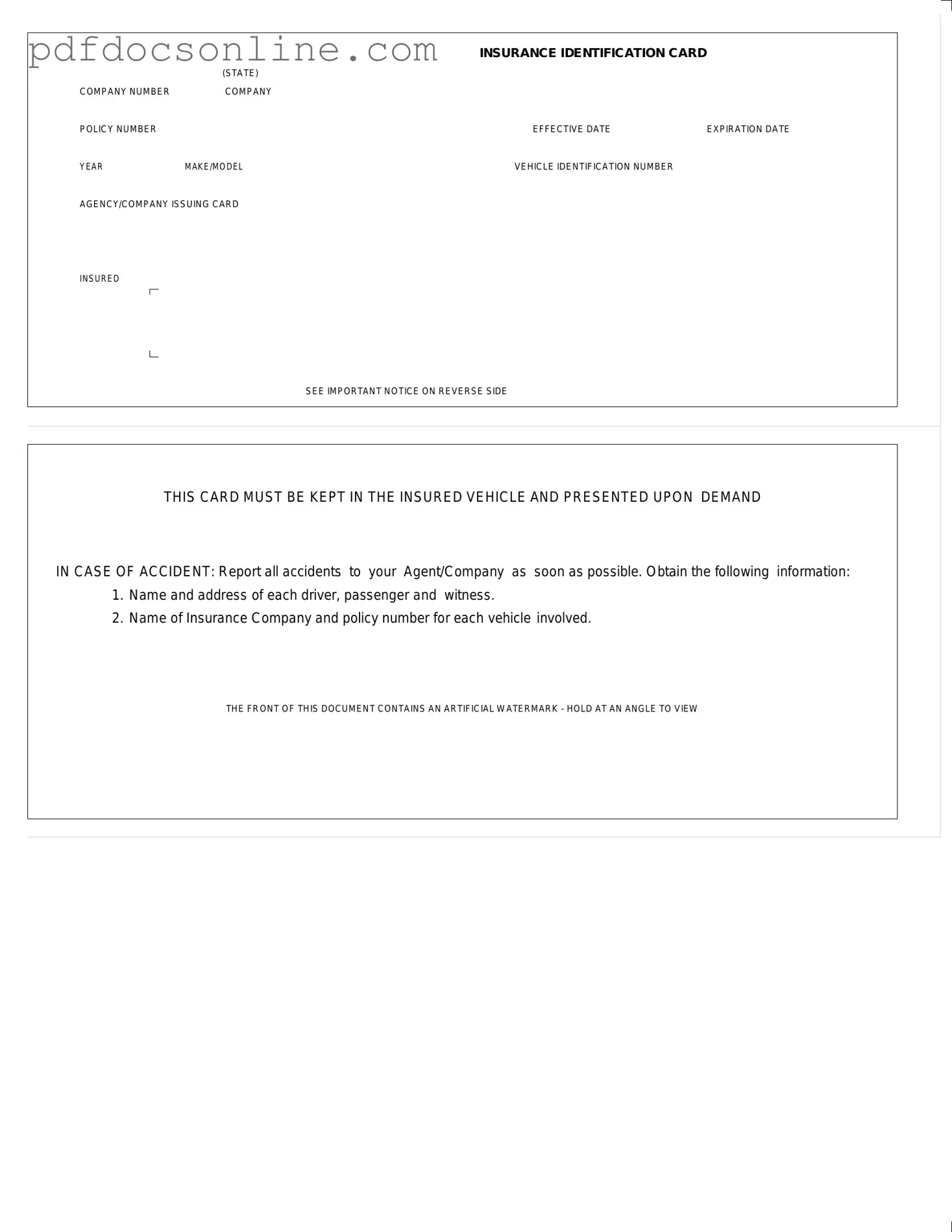Fillable Auto Insurance Card Form